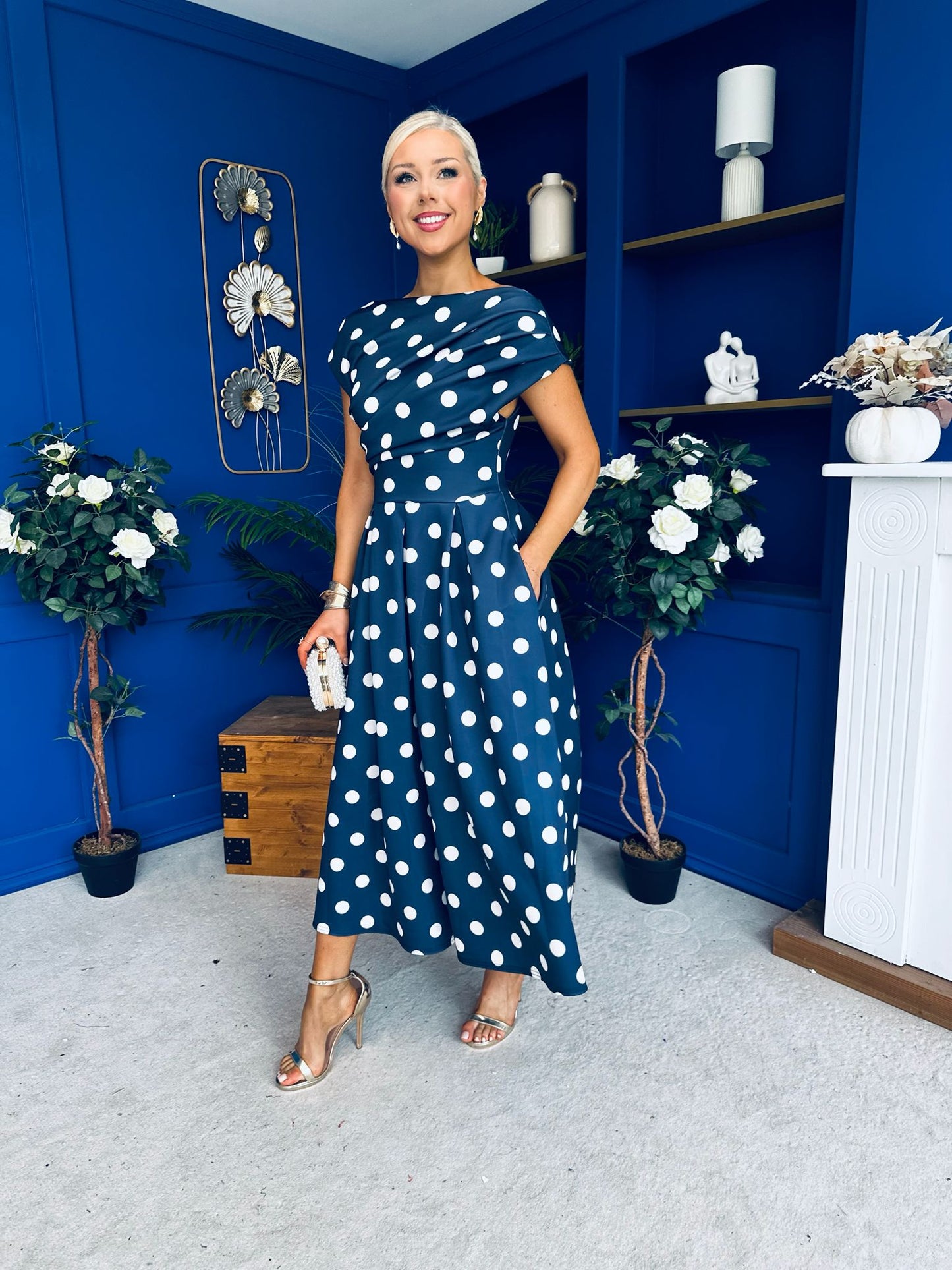 Breffy Asymmetric Neckline Skater Midi Polka Navy