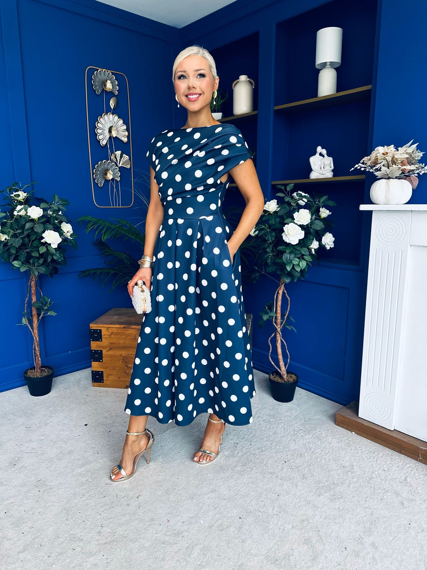 Breffy Asymmetric Neckline Skater Midi Polka Navy