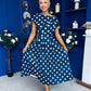 Breffy Asymmetric Neckline Skater Midi Polka Navy