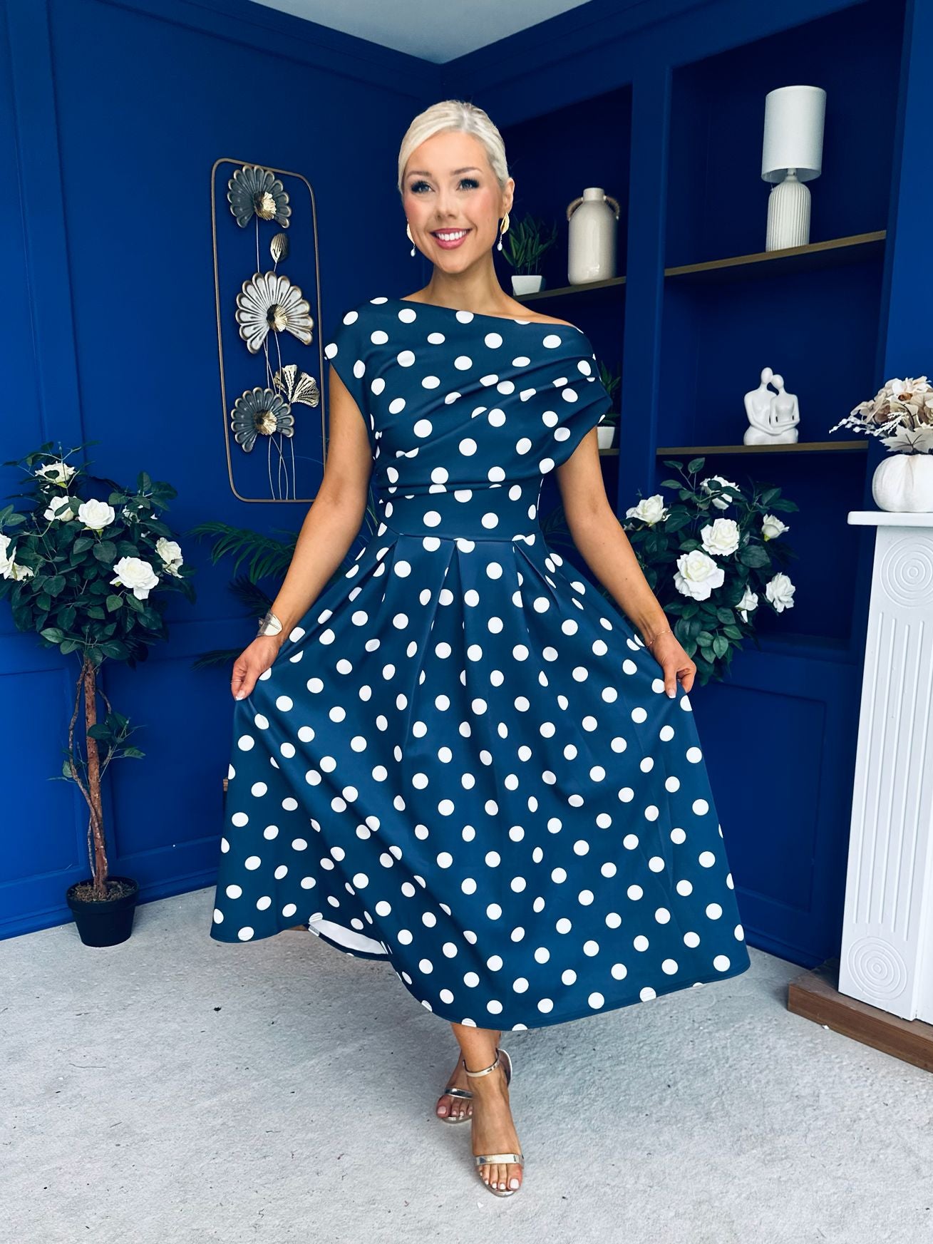 Breffy Asymmetric Neckline Skater Midi Polka Navy
