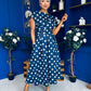 Breffy Asymmetric Neckline Skater Midi Polka Navy