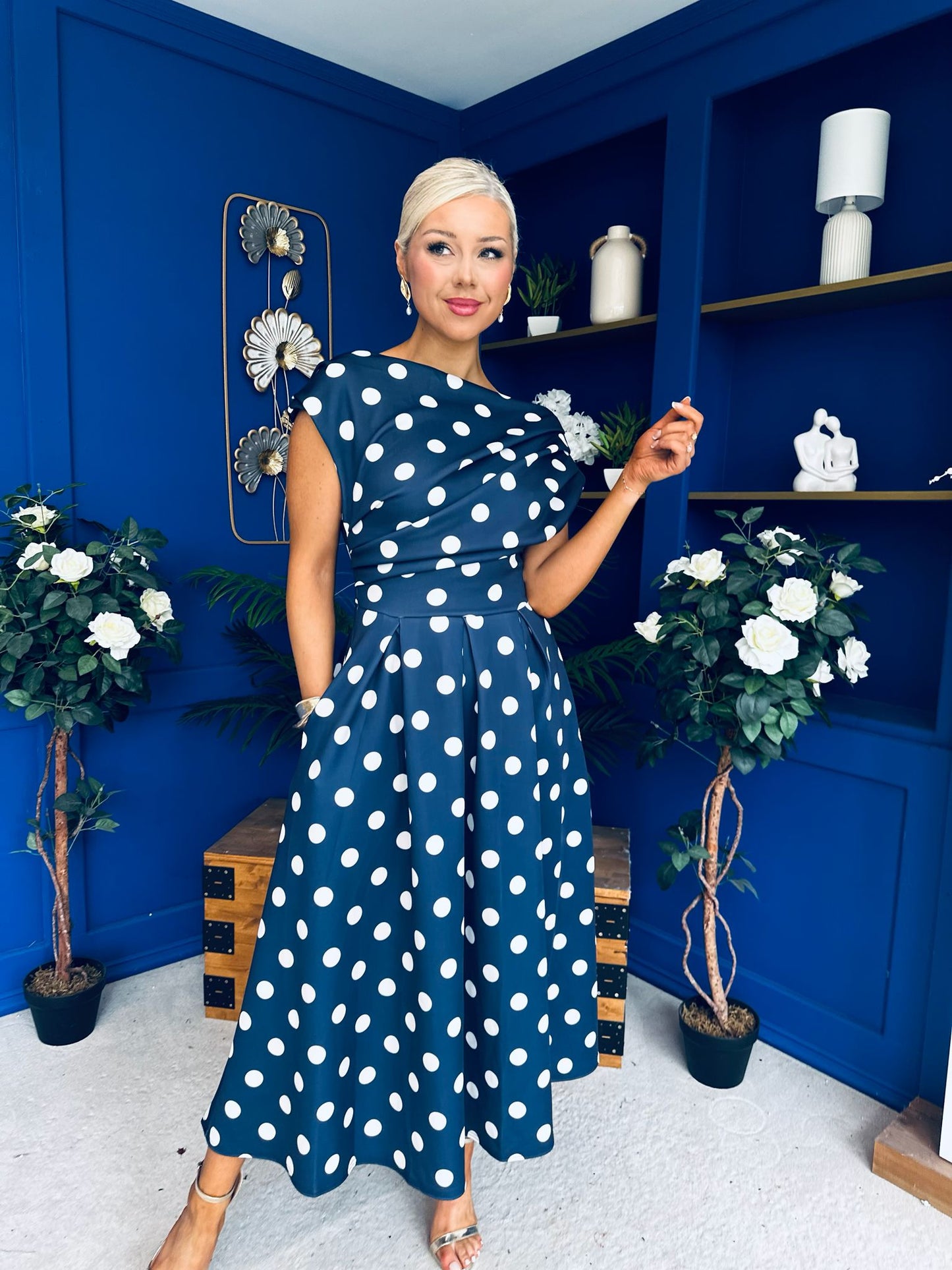 Breffy Asymmetric Neckline Skater Midi Polka Navy