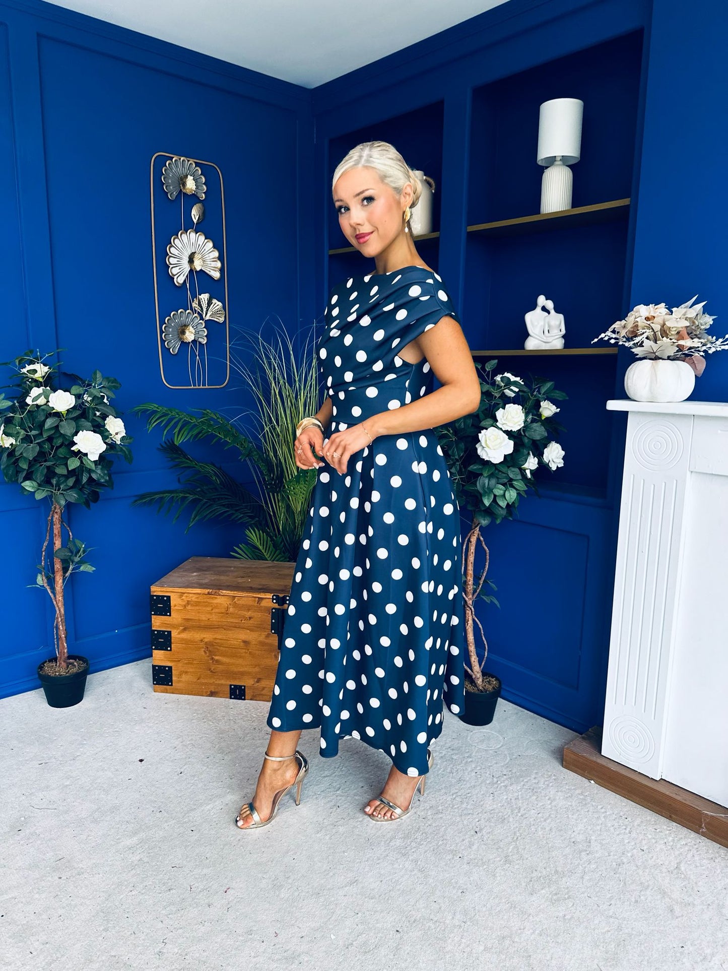 Breffy Asymmetric Neckline Skater Midi Polka Navy