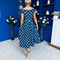 Breffy Asymmetric Neckline Skater Midi Polka Navy