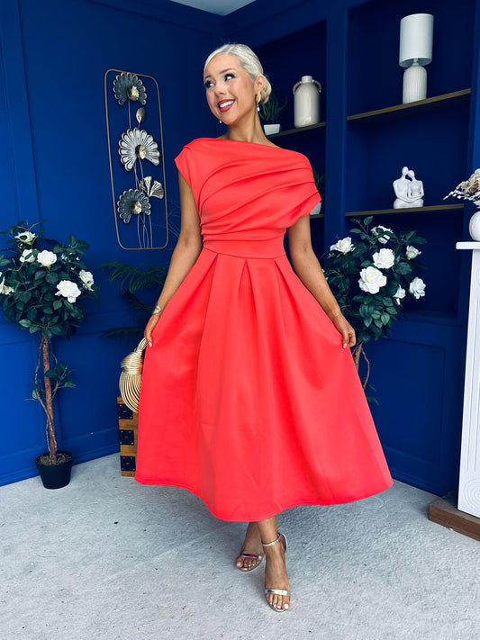 Breffy Asymmetric Neckline Skater Midi Coral