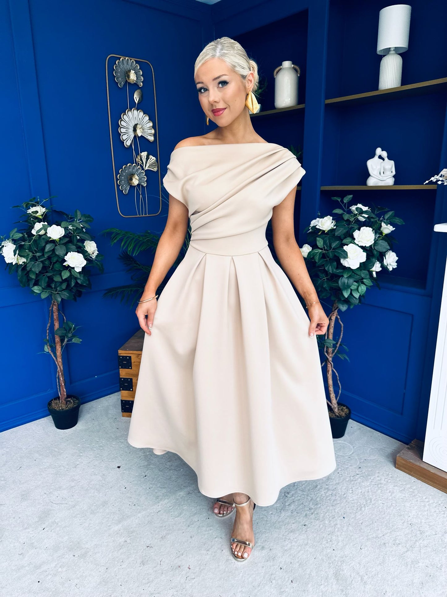 Breffy Asymmetric Neckline Skater Midi Beige