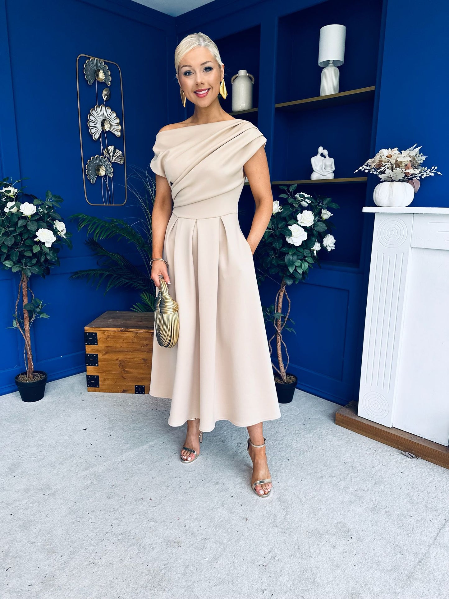 Breffy Asymmetric Neckline Skater Midi Beige