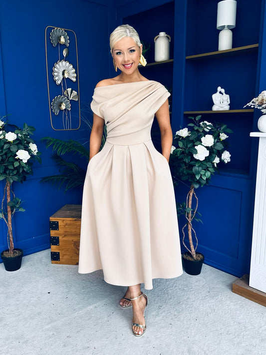 Breffy Asymmetric Neckline Skater Midi Beige