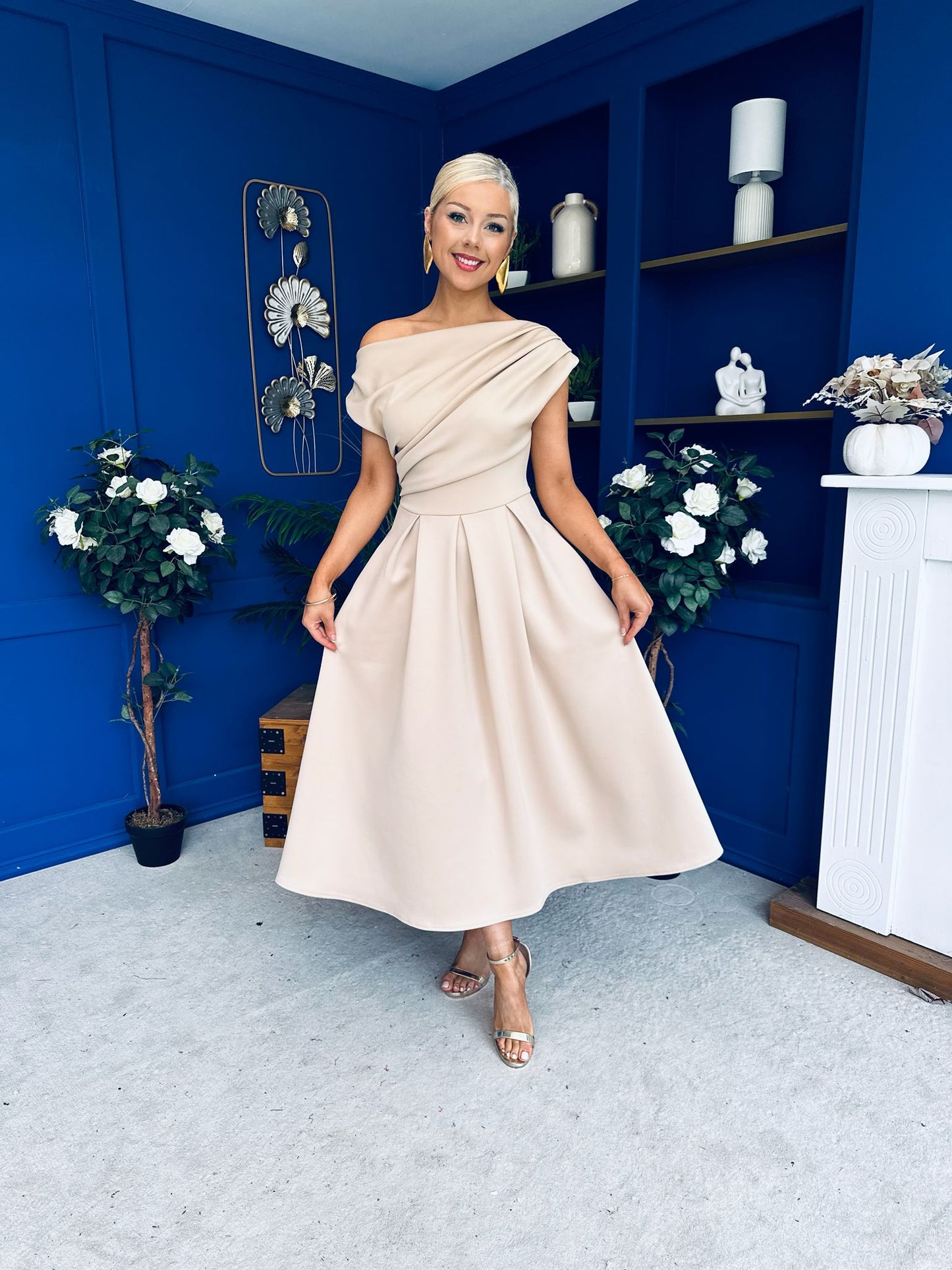 Breffy Asymmetric Neckline Skater Midi Beige