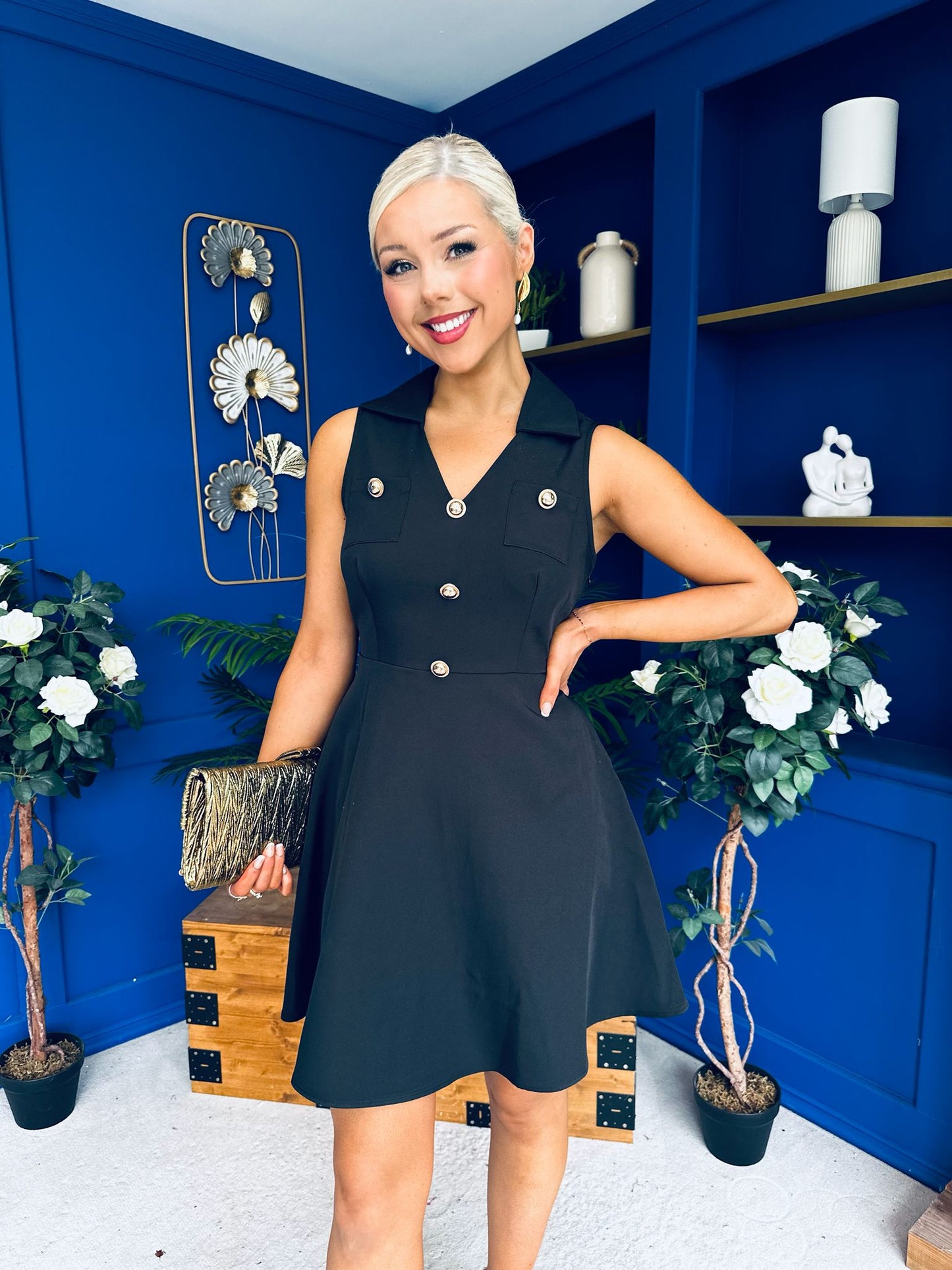 Mika Button Up Mini Skater Dress Black