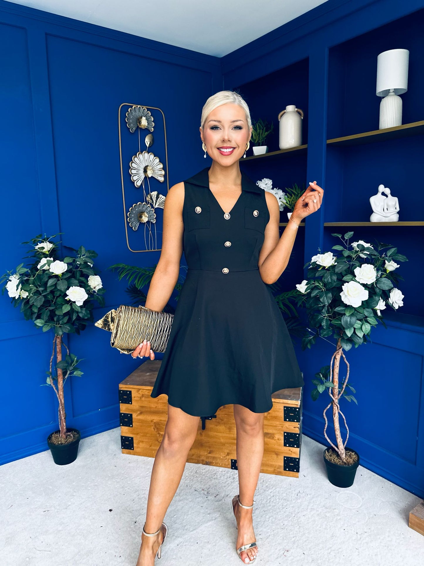 Mika Button Up Mini Skater Dress Black