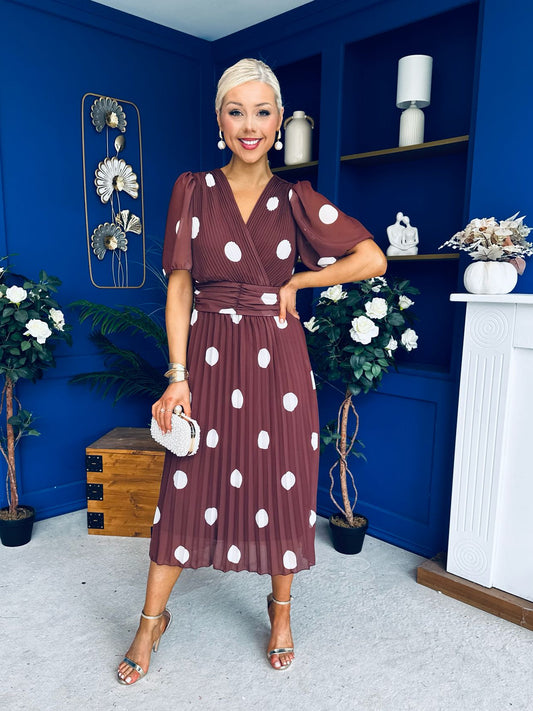 Daire Pleated Midi Dress Cream Polka Coco