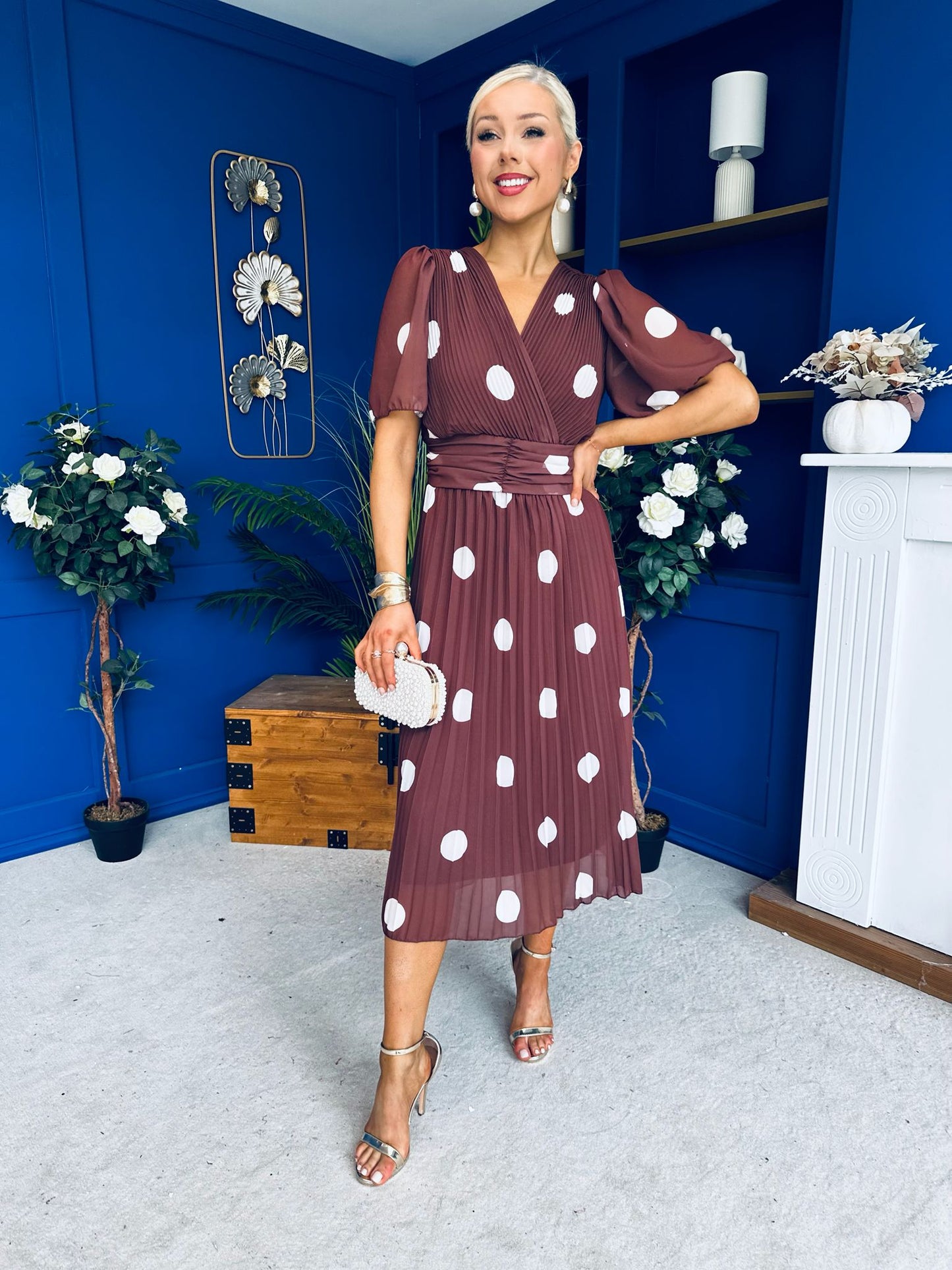 Daire Pleated Midi Dress Cream Polka Coco