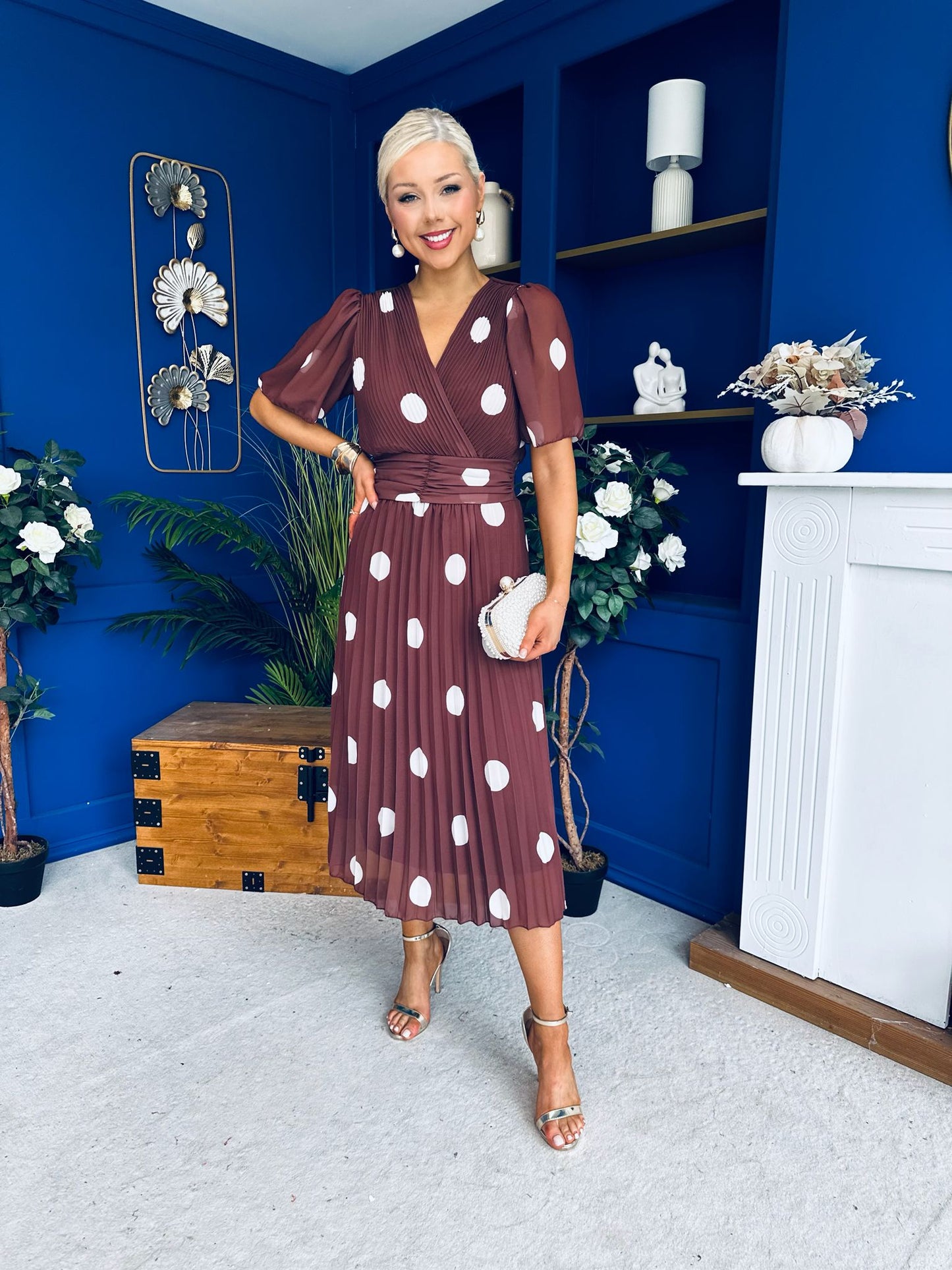 Daire Pleated Midi Dress Cream Polka Coco