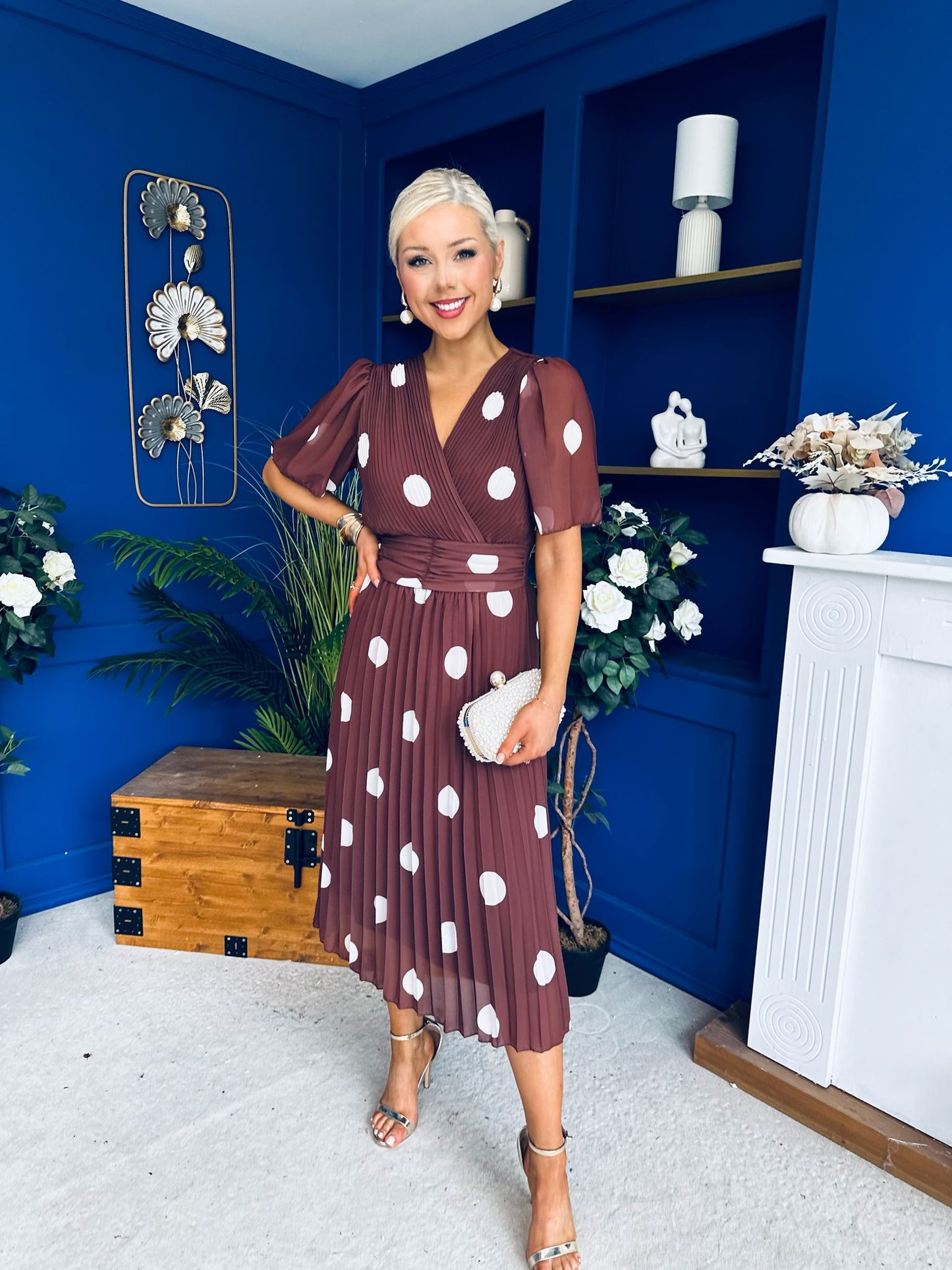 Daire Pleated Midi Dress Cream Polka Coco