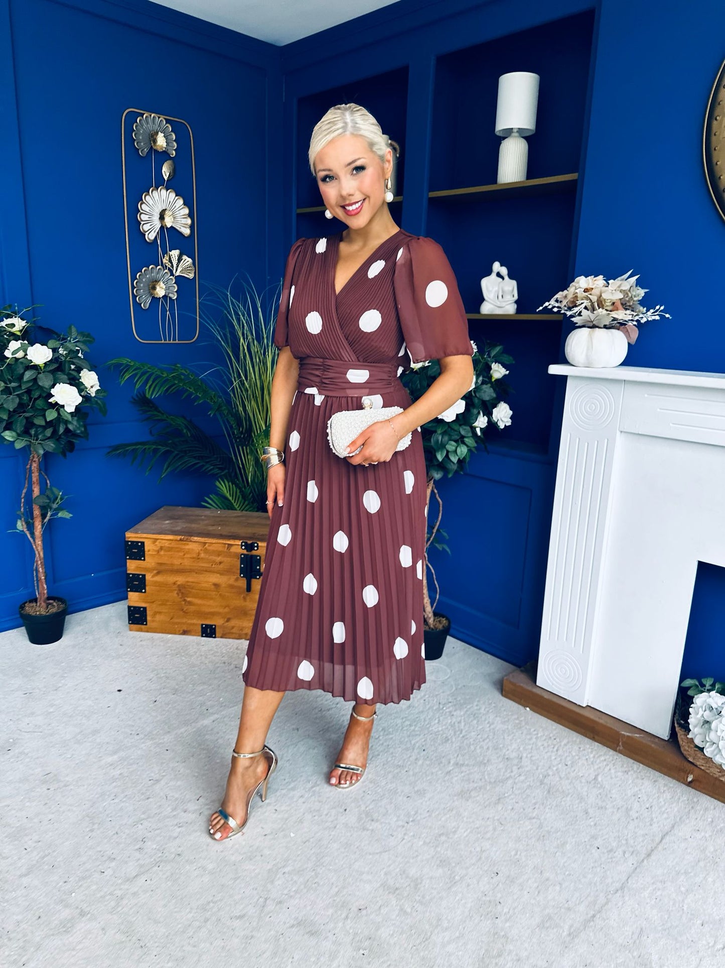 Daire Pleated Midi Dress Cream Polka Coco
