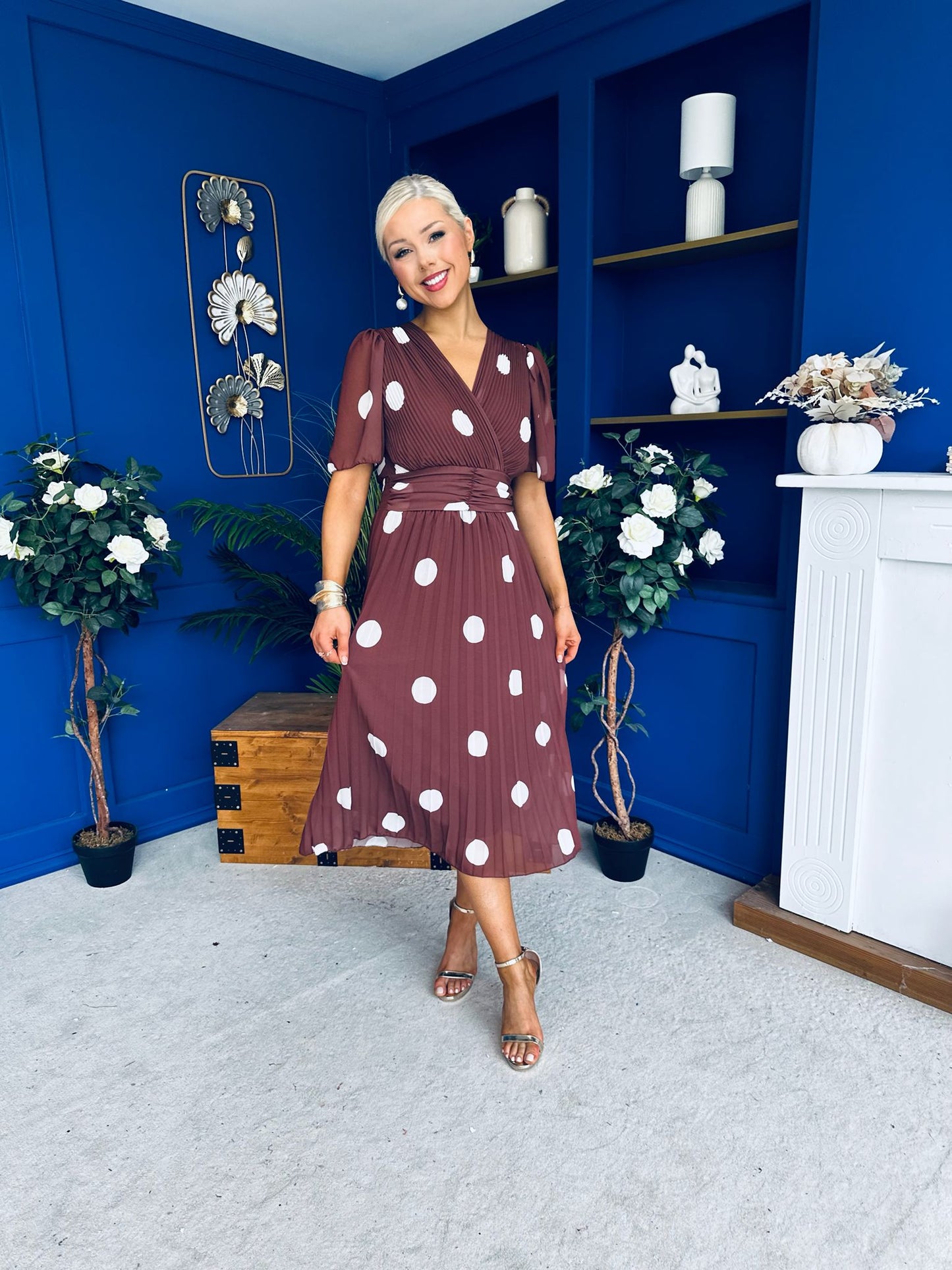 Daire Pleated Midi Dress Cream Polka Coco