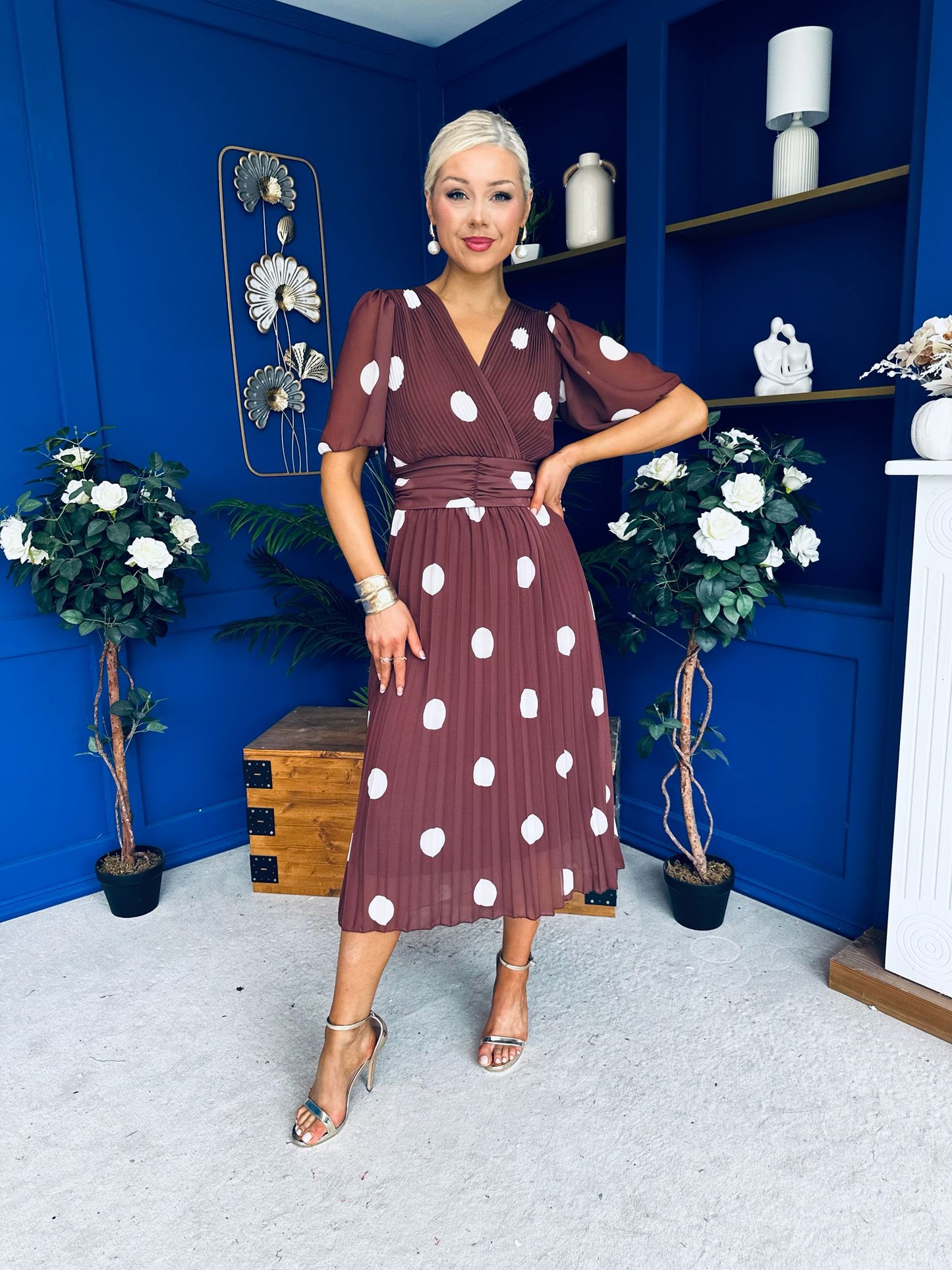 Daire Pleated Midi Dress Cream Polka Coco