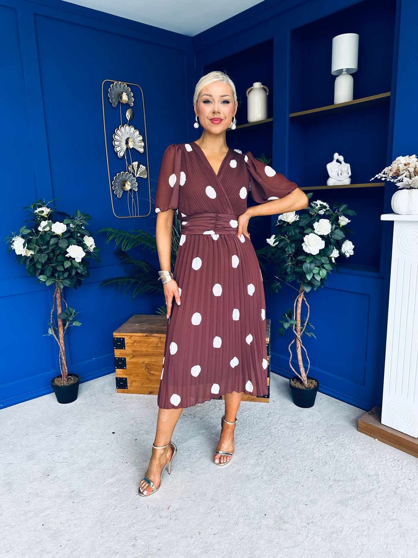 Daire Pleated Midi Dress Cream Polka Coco