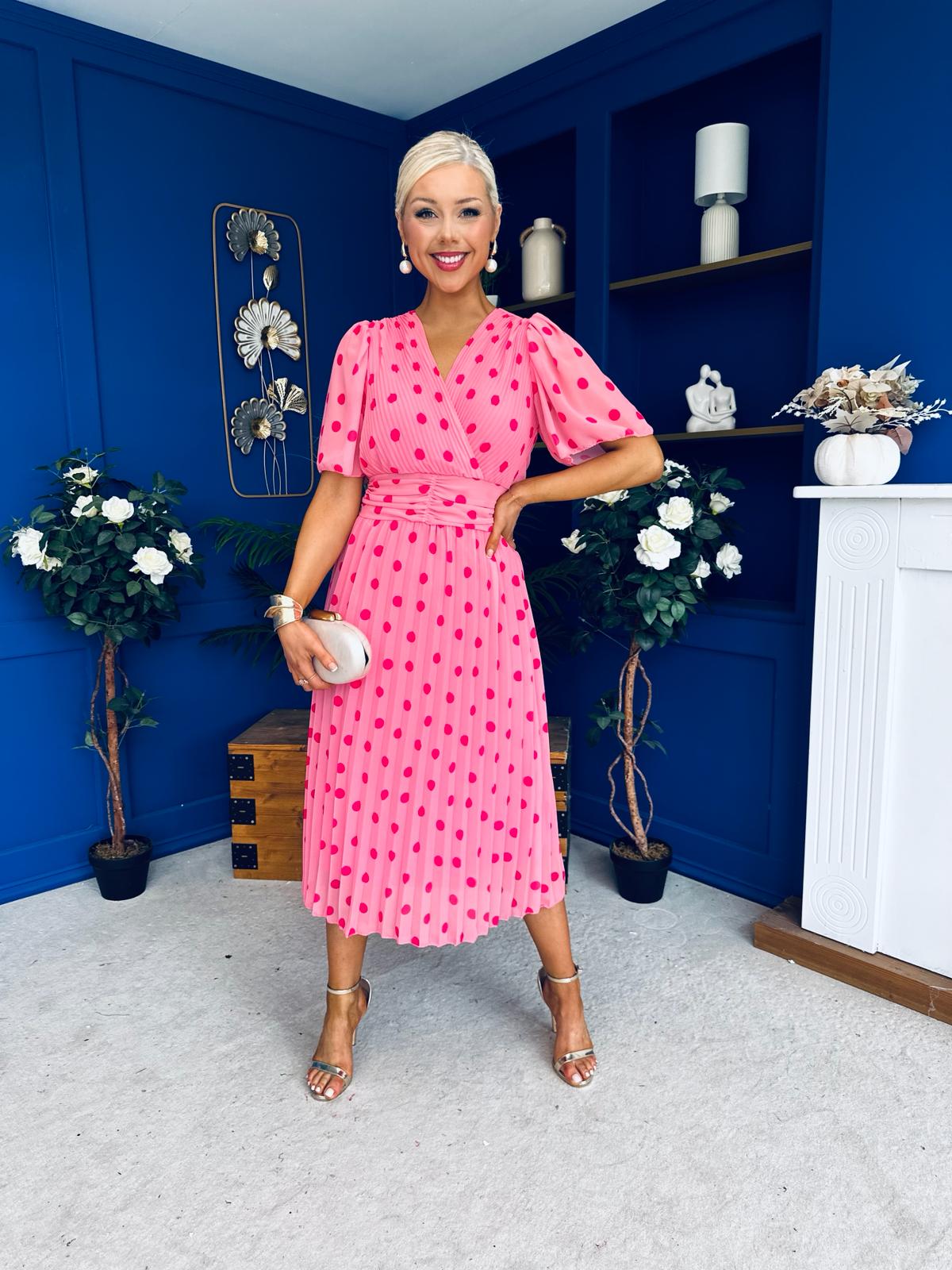 Daire Pleated Midi Dress Polka Cerise