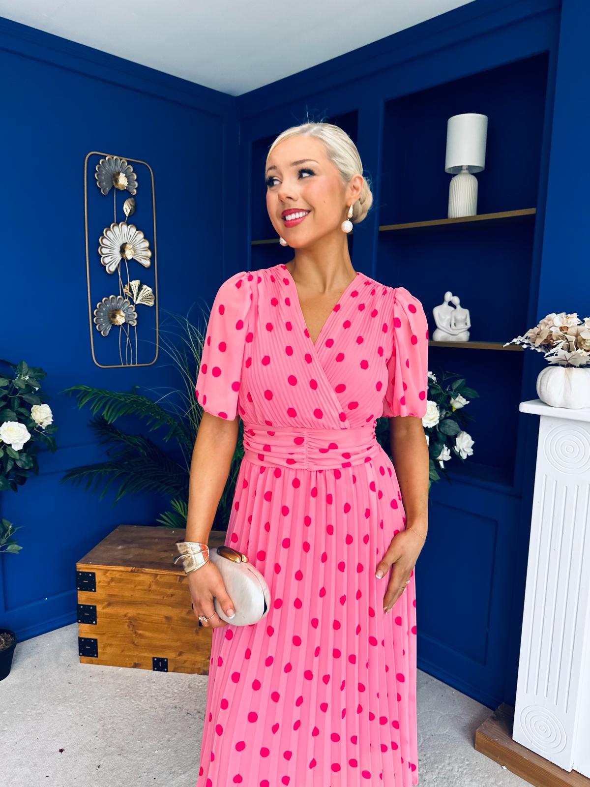 Daire Pleated Midi Dress Polka Cerise