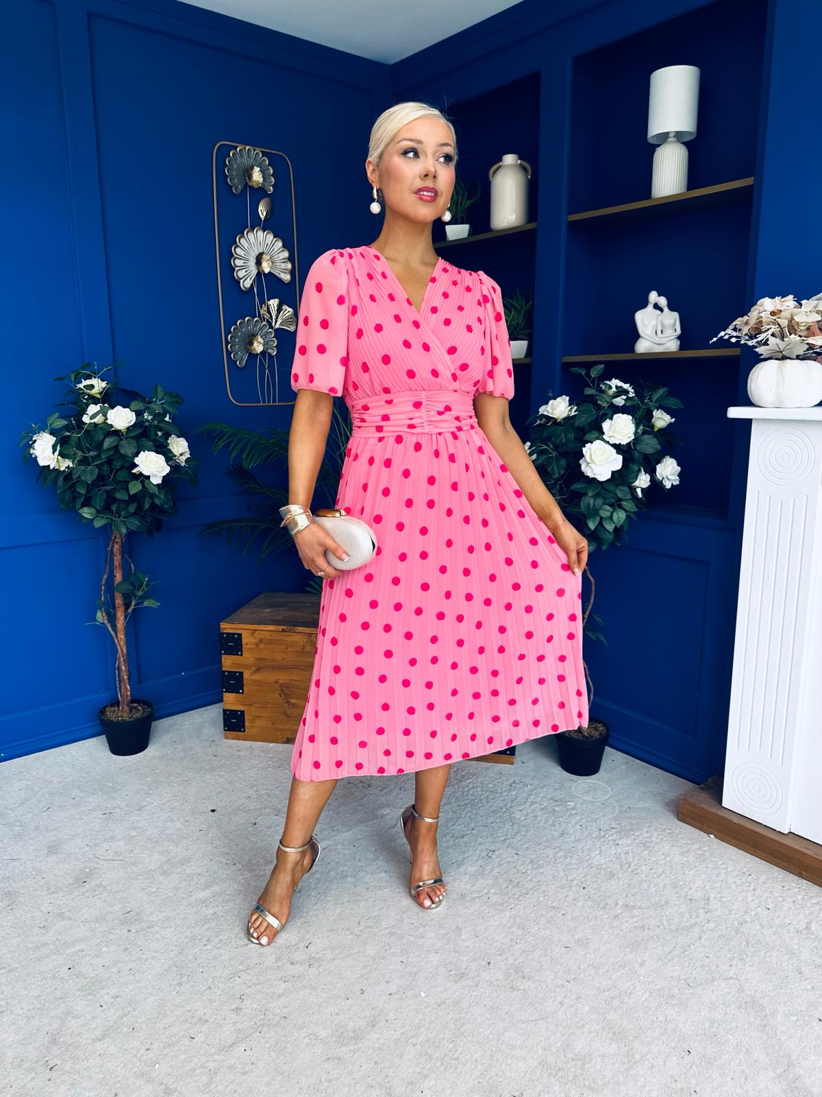 Daire Pleated Midi Dress Polka Cerise