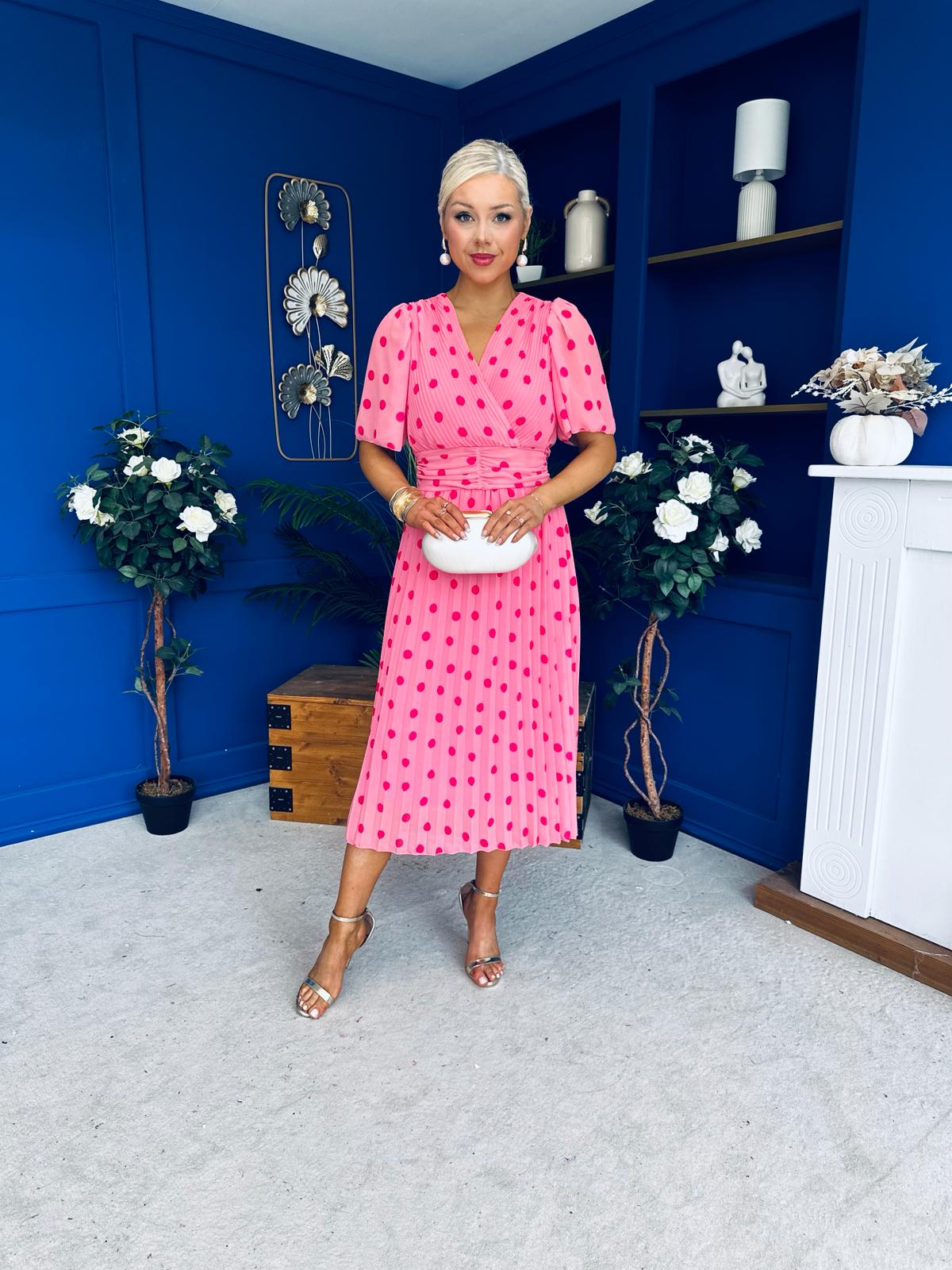 Daire Pleated Midi Dress Polka Cerise