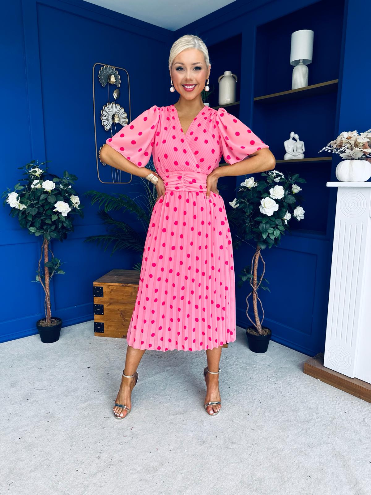 Daire Pleated Midi Dress Polka Cerise