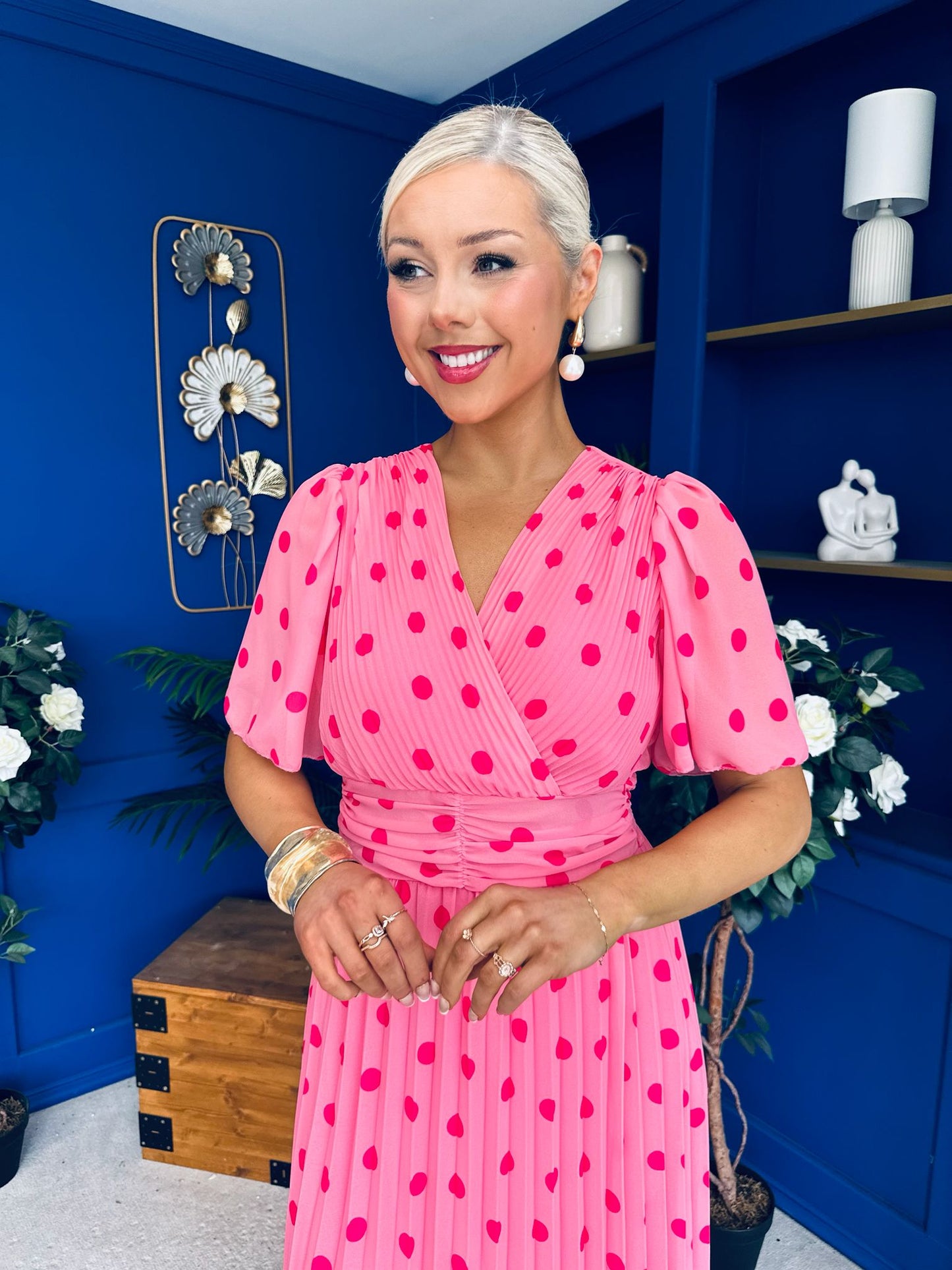 Daire Pleated Midi Dress Polka Cerise