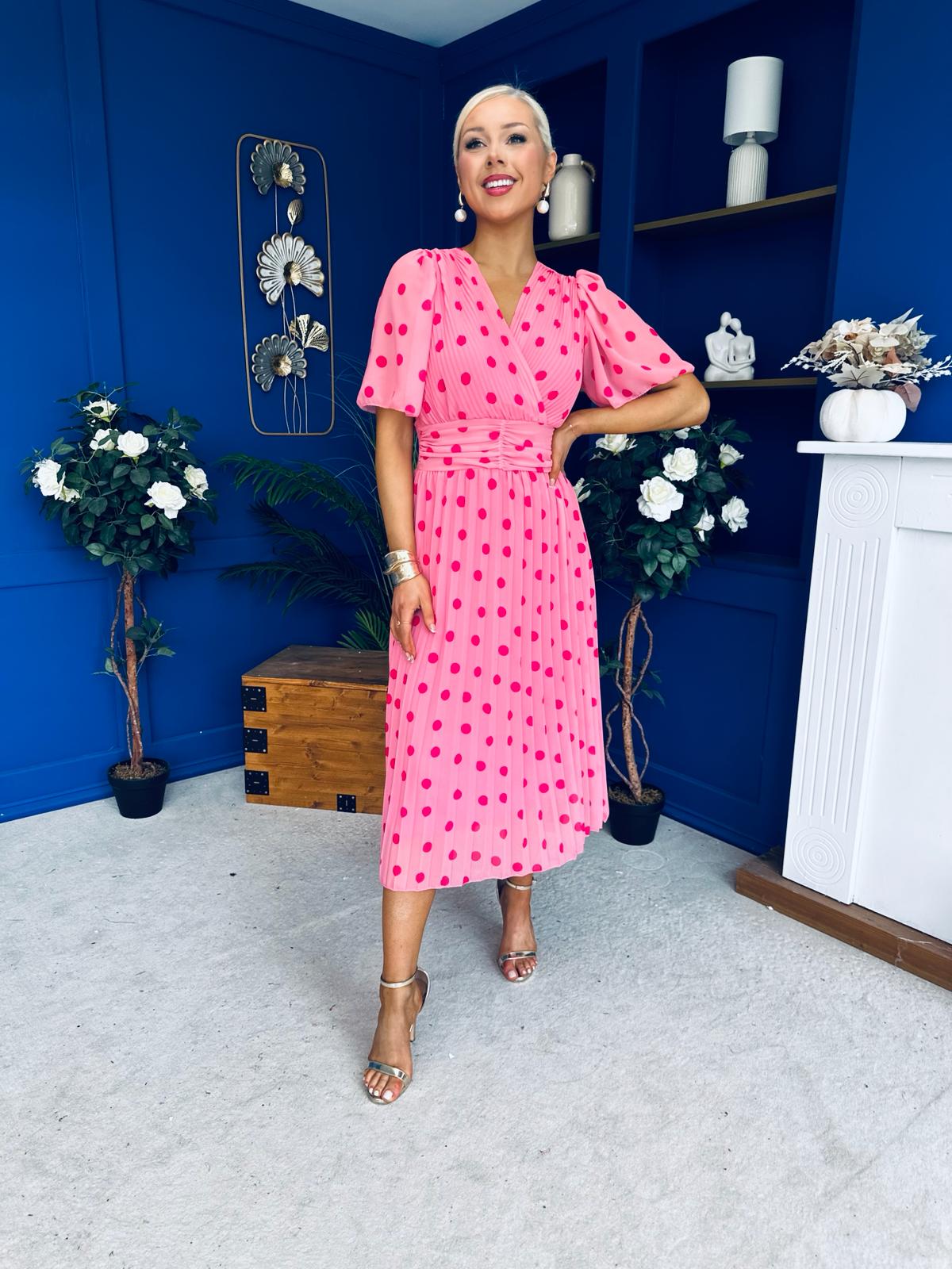 Daire Pleated Midi Dress Polka Cerise