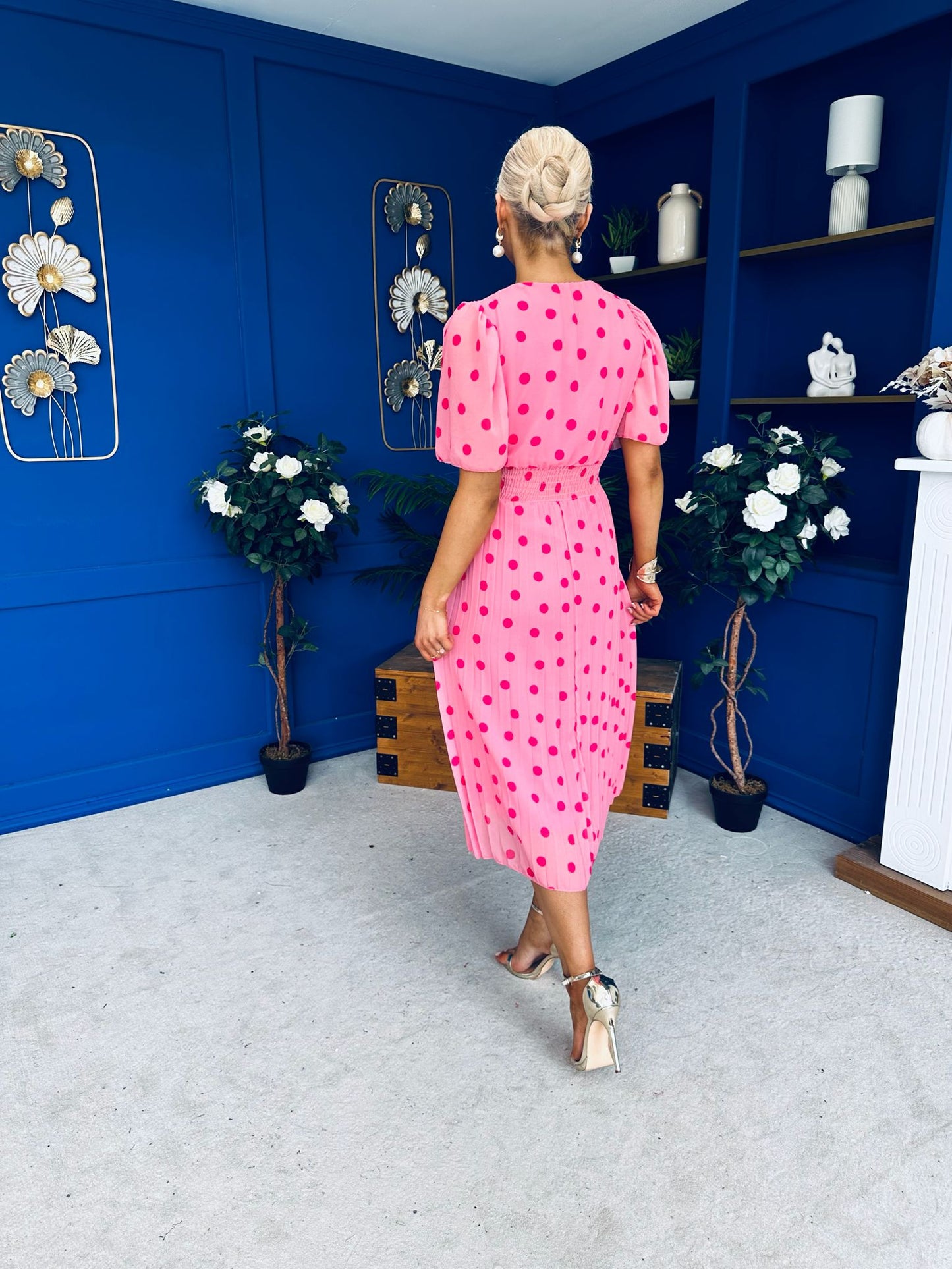 Daire Pleated Midi Dress Polka Cerise