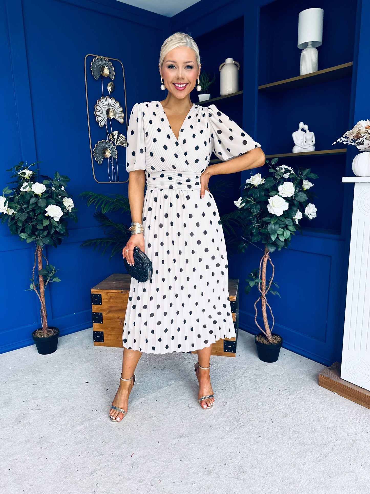 Daire Pleated Midi Dress Polka Cream