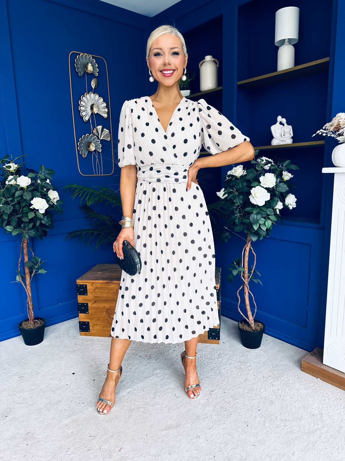 Daire Pleated Midi Dress Polka Cream