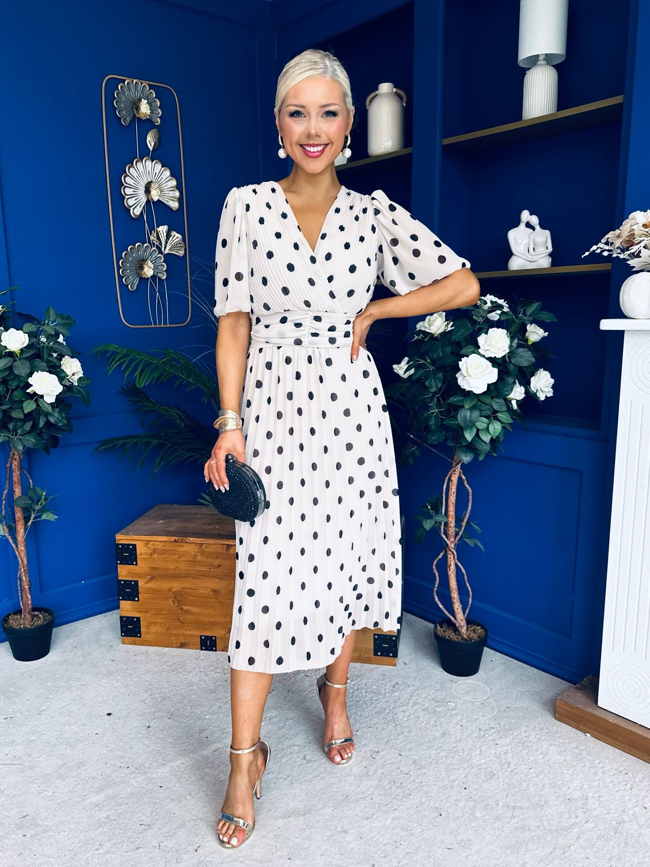 Daire Pleated Midi Dress Polka Cream