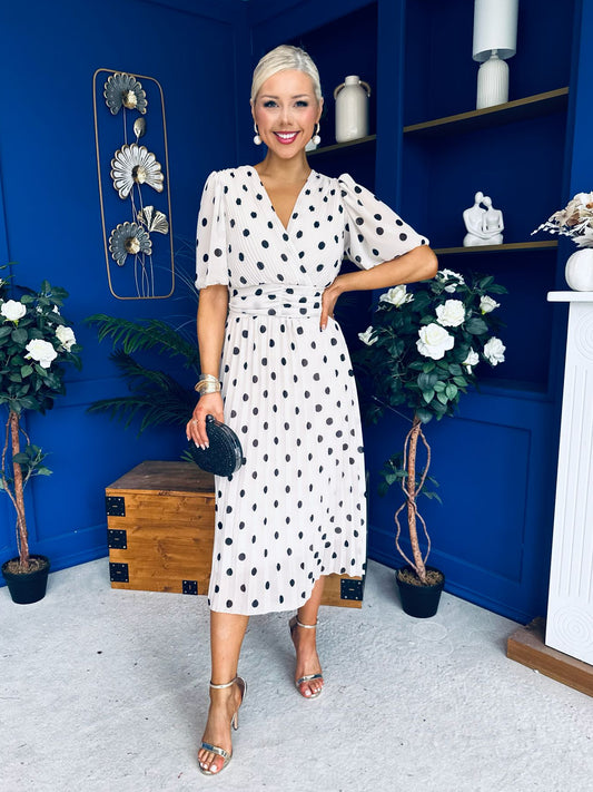 Daire Pleated Midi Dress Polka Cream