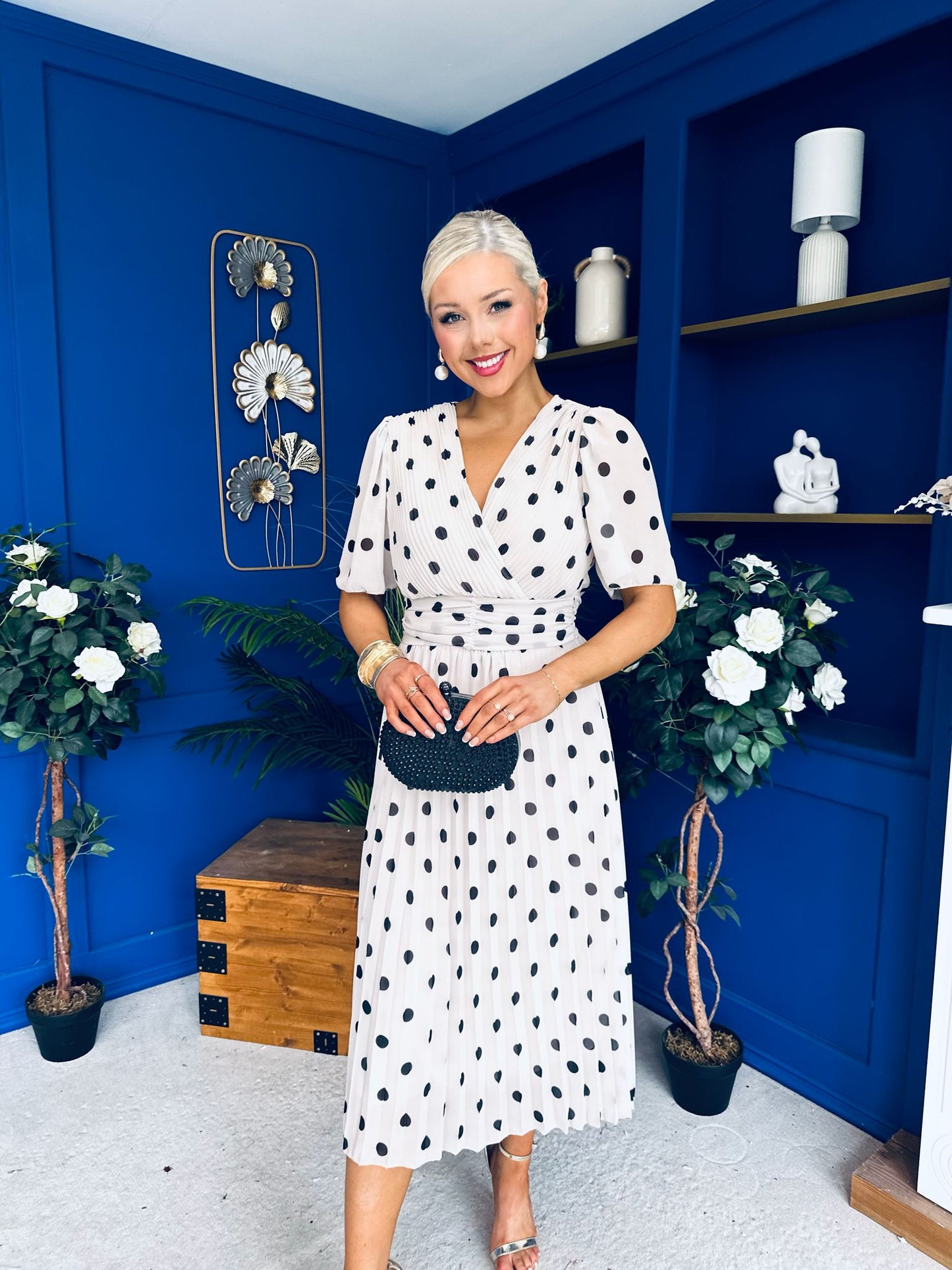 Daire Pleated Midi Dress Polka Cream