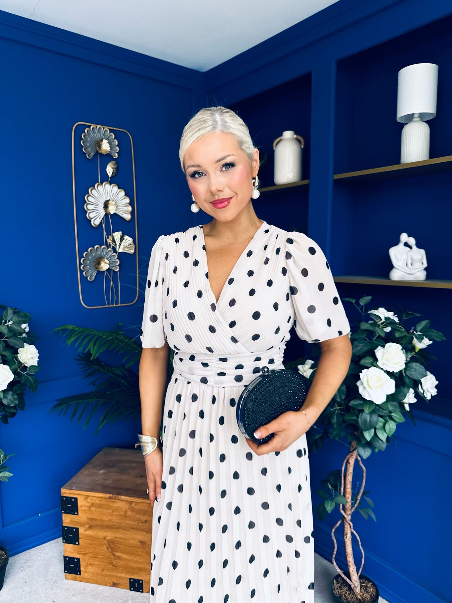 Daire Pleated Midi Dress Polka Cream