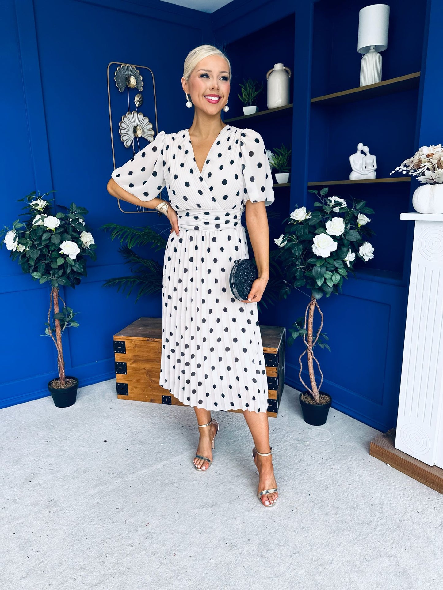 Daire Pleated Midi Dress Polka Cream
