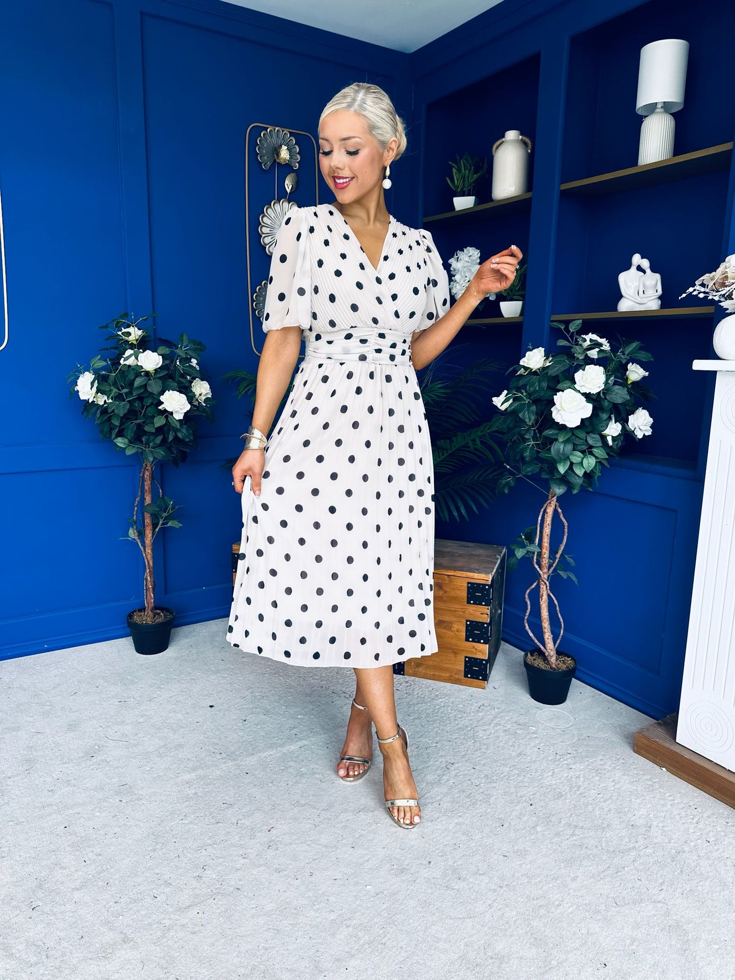 Daire Pleated Midi Dress Polka Cream