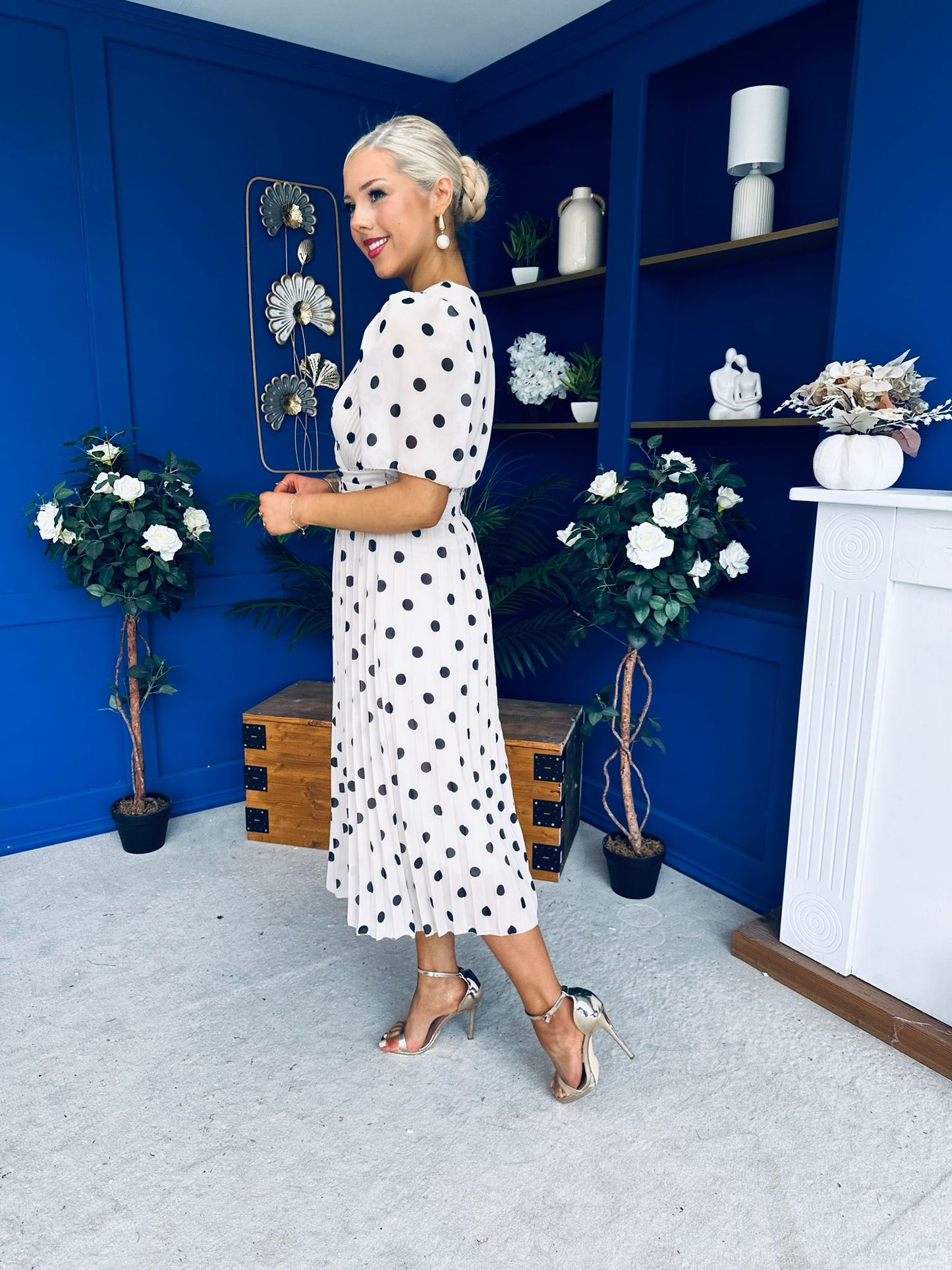 Daire Pleated Midi Dress Polka Cream