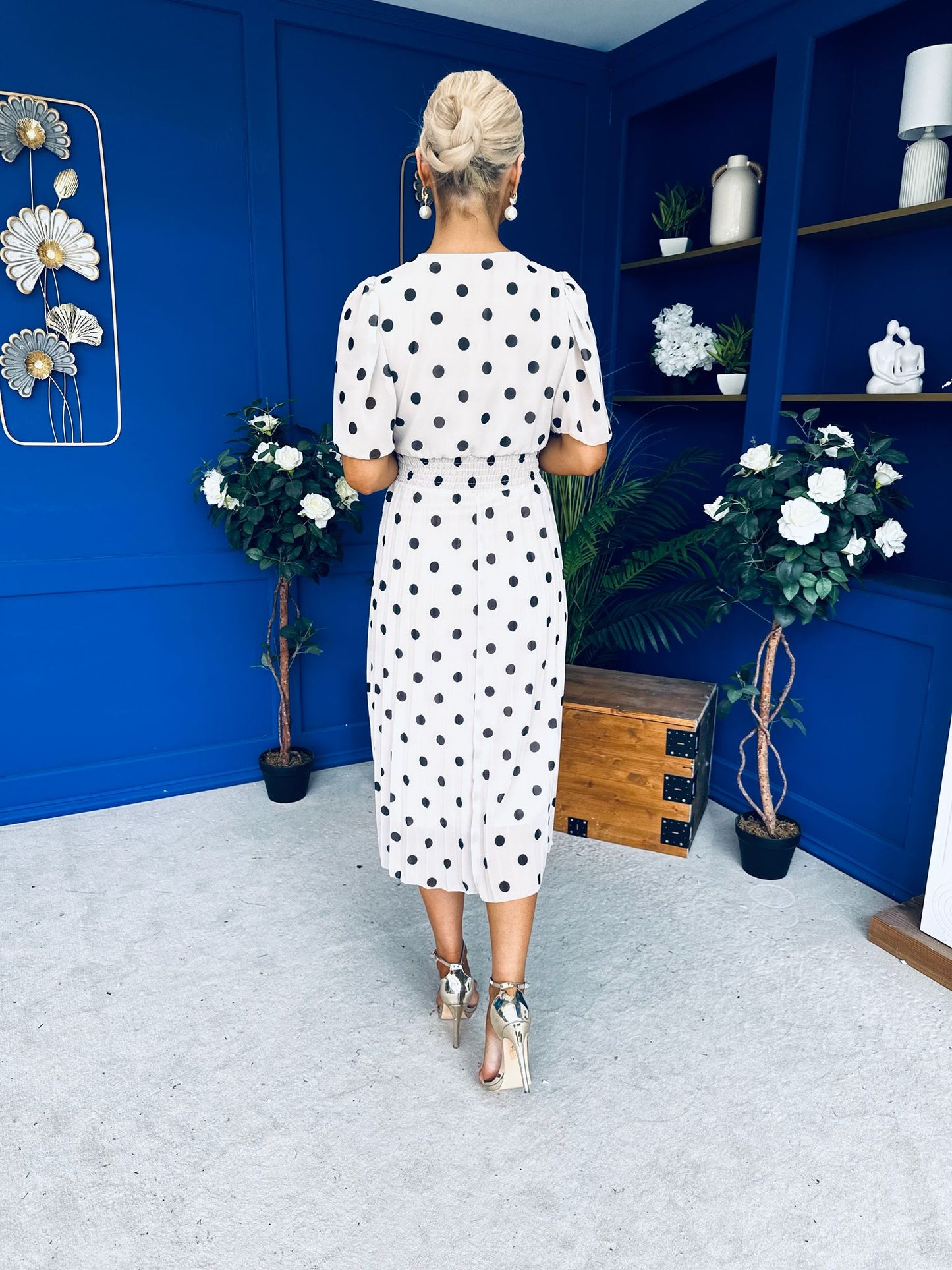 Daire Pleated Midi Dress Polka Cream