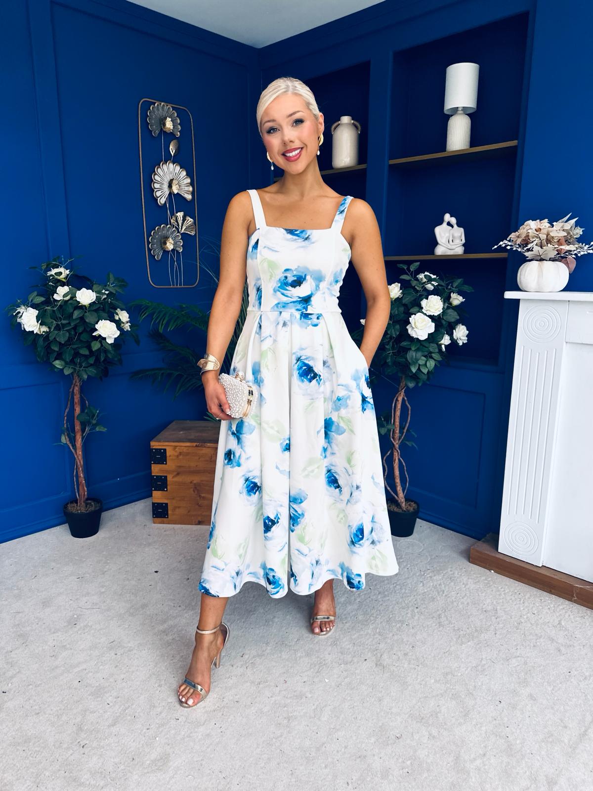 Heather Wide Pleat Midi Dress Floral Blue