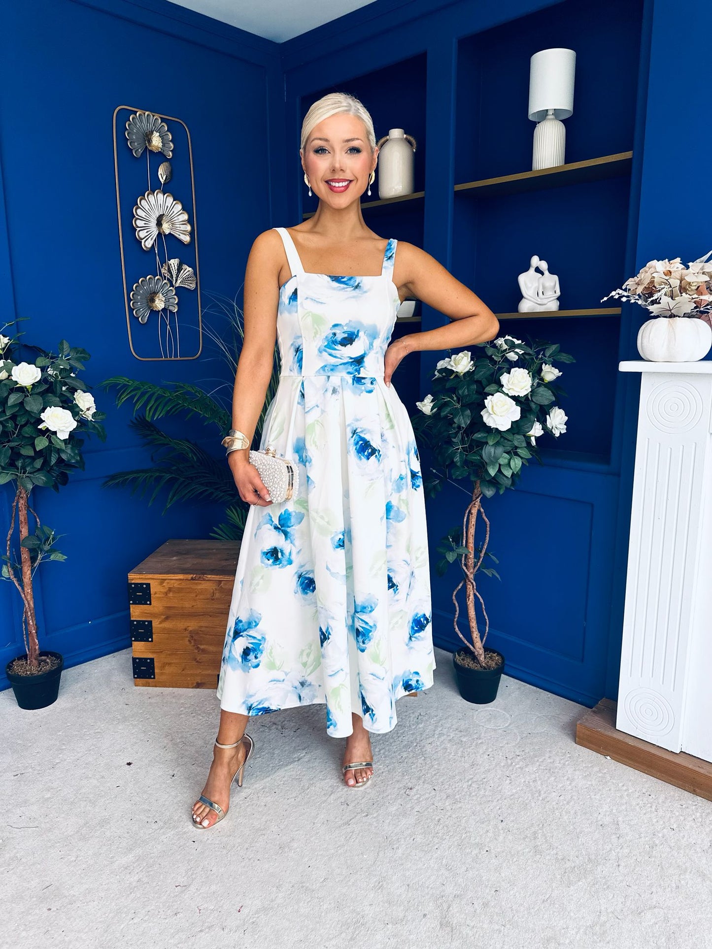 Heather Wide Pleat Midi Dress Floral Blue