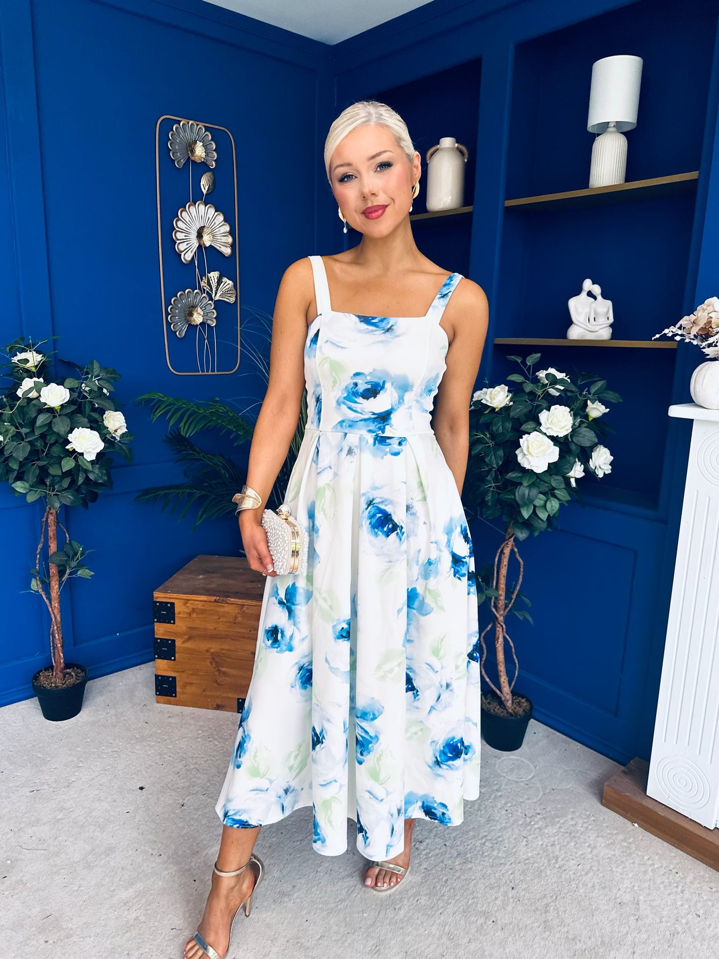Heather Wide Pleat Midi Dress Floral Blue
