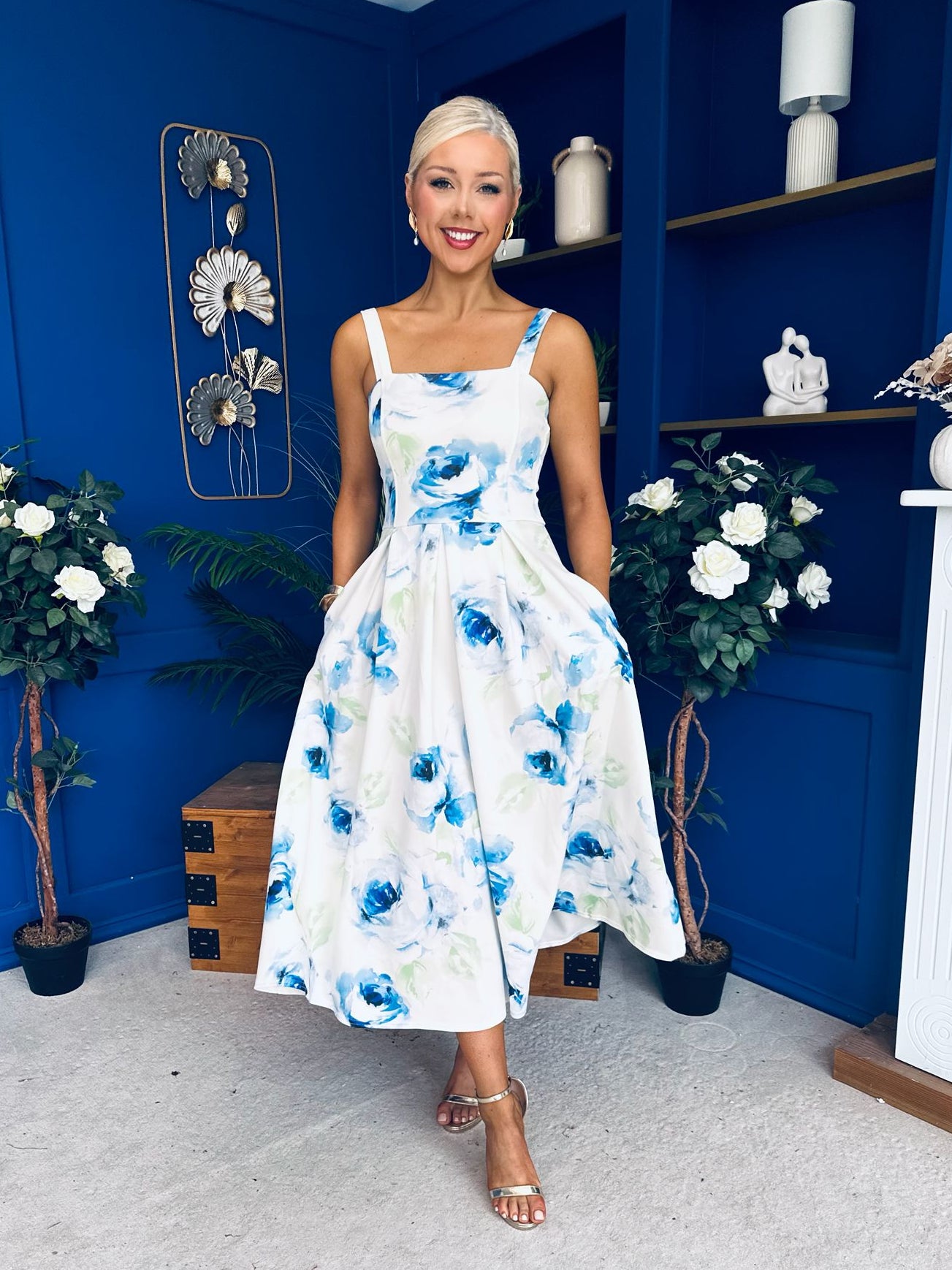 Heather Wide Pleat Midi Dress Floral Blue