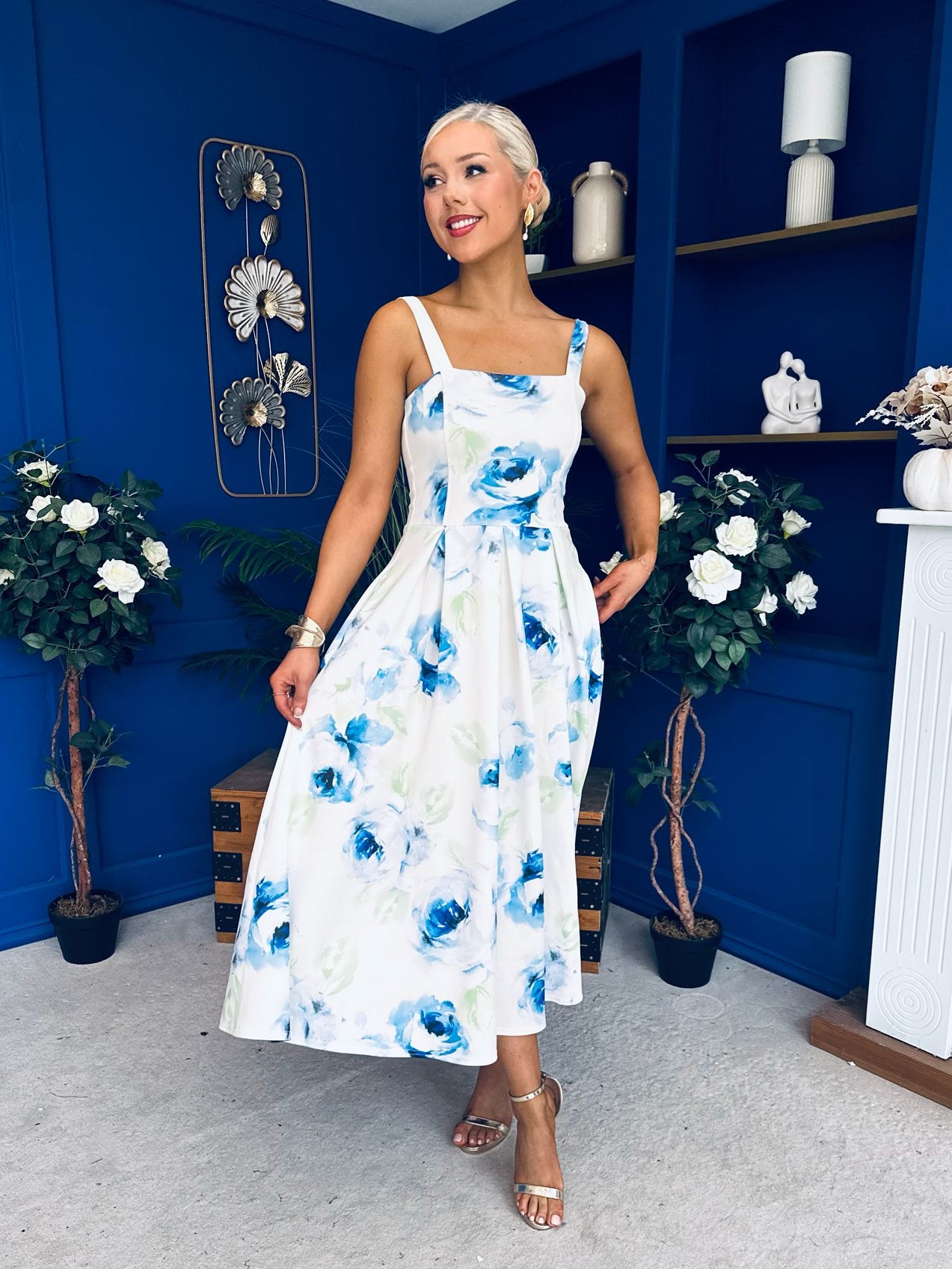 Heather Wide Pleat Midi Dress Floral Blue