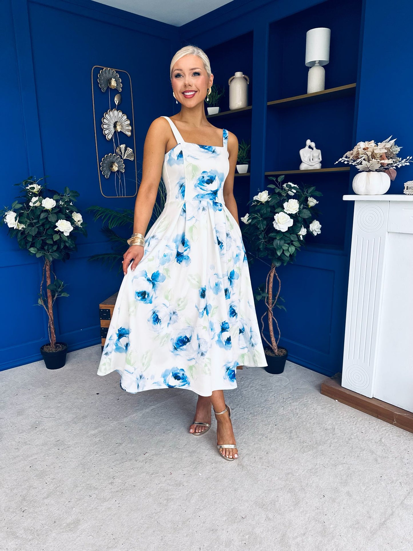 Heather Wide Pleat Midi Dress Floral Blue