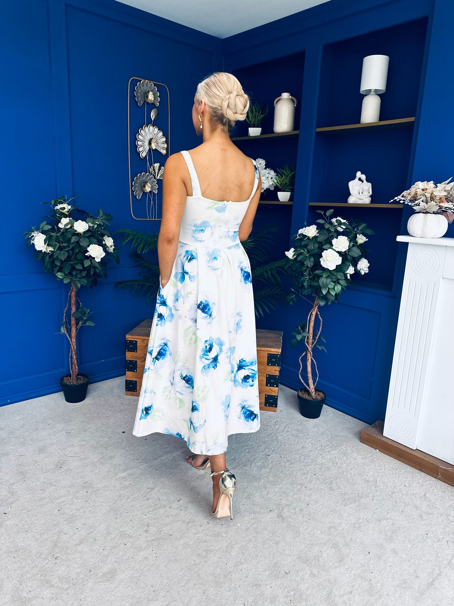 Heather Wide Pleat Midi Dress Floral Blue