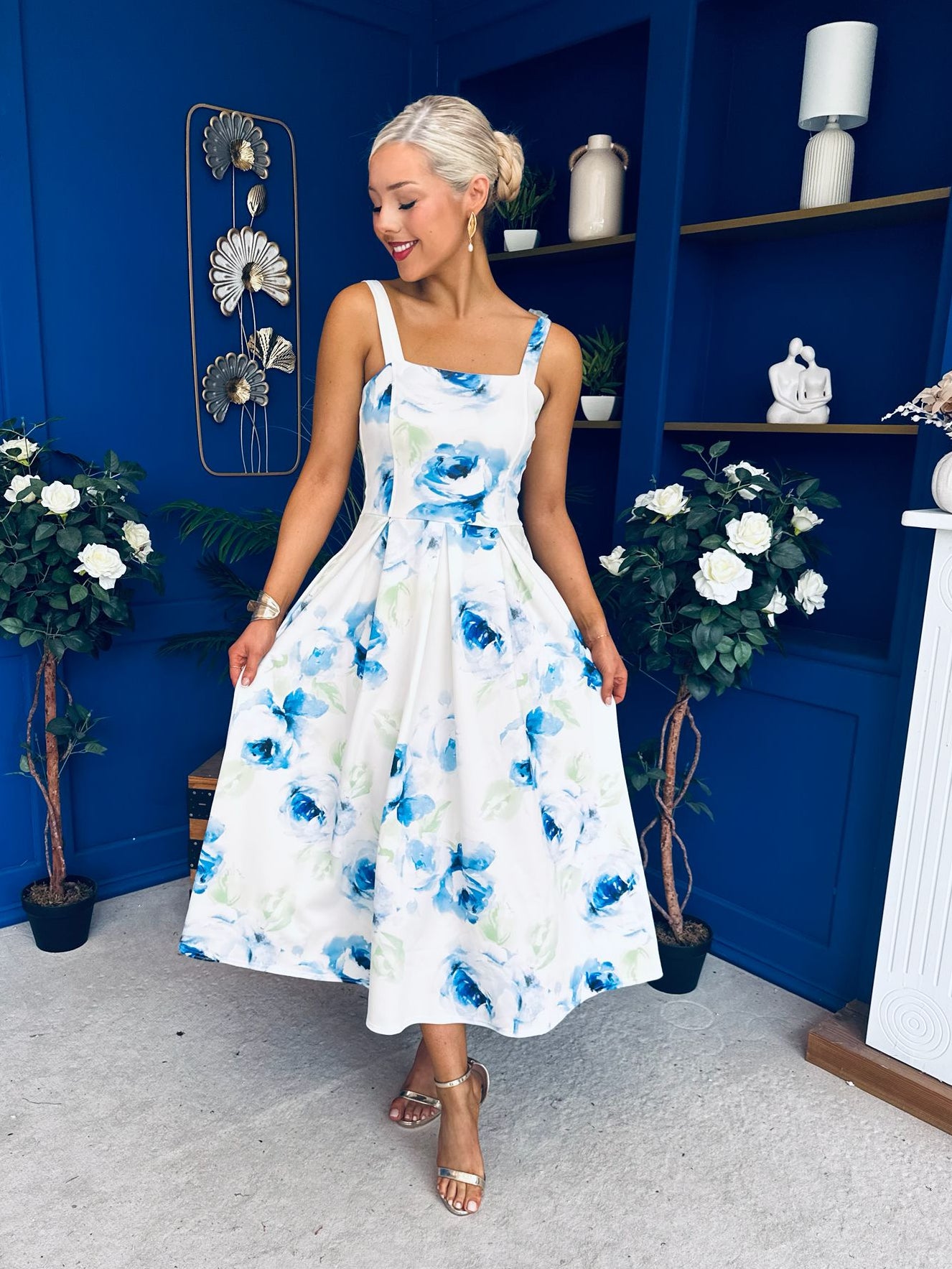 Heather Wide Pleat Midi Dress Floral Blue