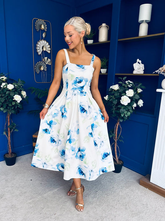 Heather Wide Pleat Midi Dress Floral Blue